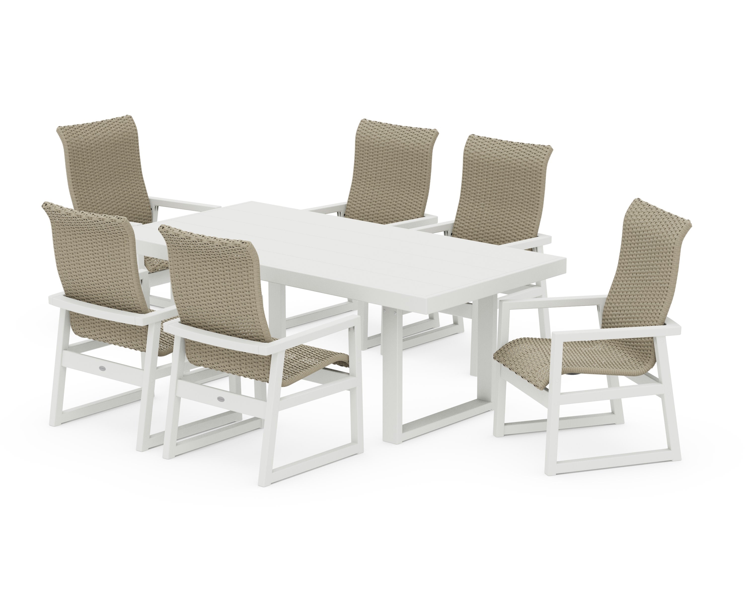 EDGE Woven Highback Arm Chair 7-Piece Dining Set in Vintage White / Dune Grass