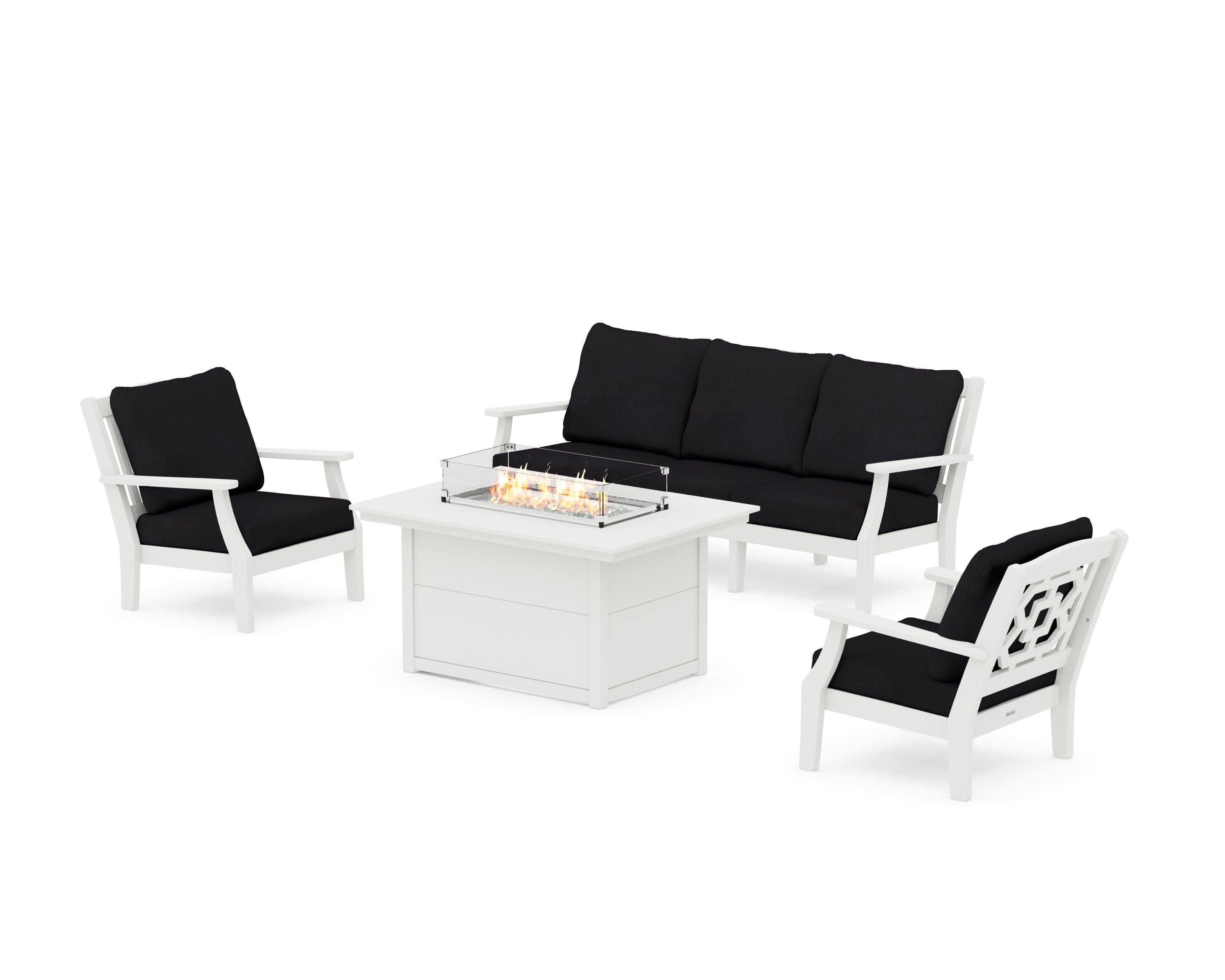 Chinoiserie Deep Seating Fire Pit Table Set in Vintage White / Midnight Linen