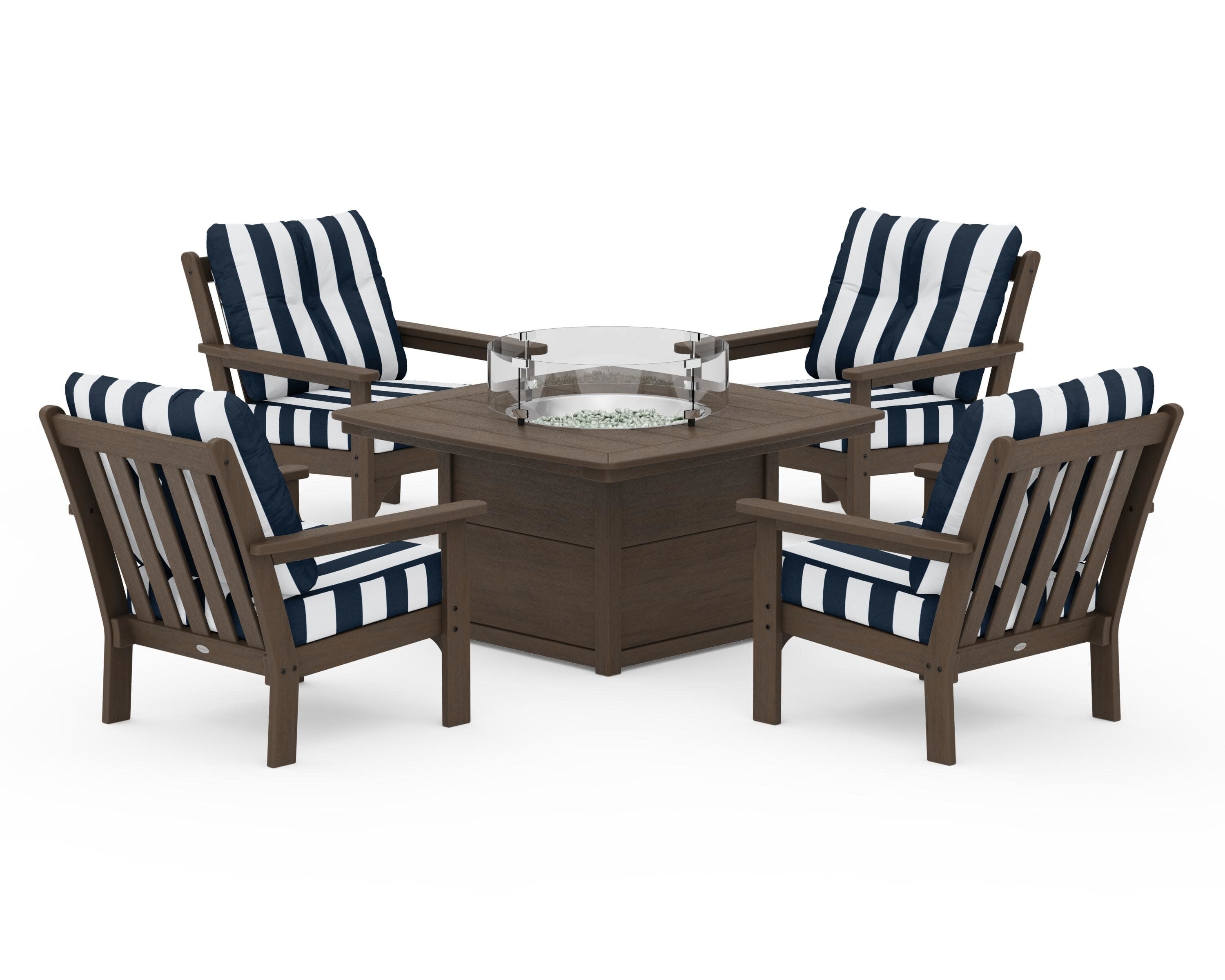 Vineyard 5-Piece Conversation Set with Fire Pit Table in Kona / Cabana Stripe Marine Indigo
