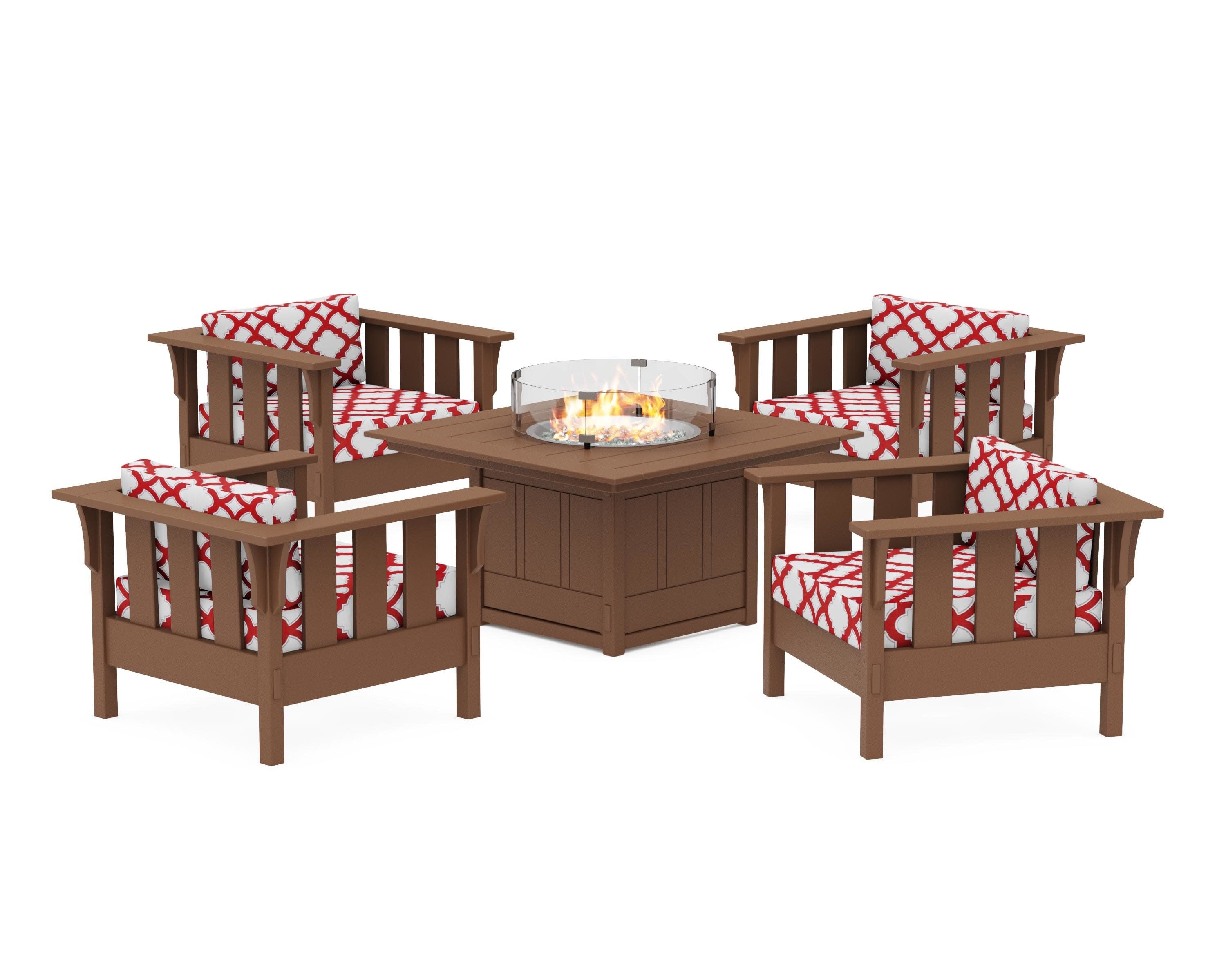 Acadia 5-Piece Deep Seating Set with Fire Pit Table in Teak / Trellis Crimson