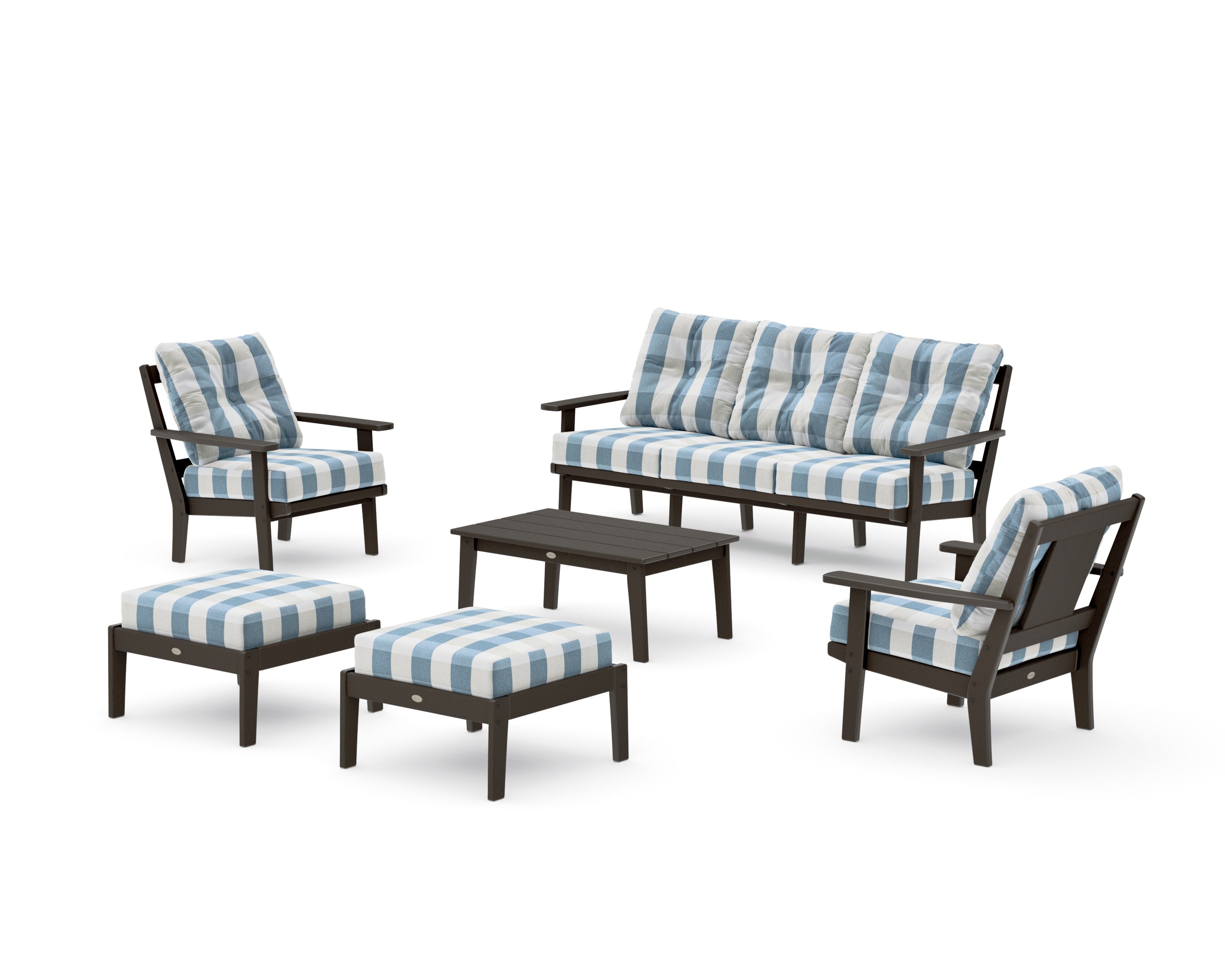 Prairie 6-Piece Lounge Sofa Set in Vintage Coffee / Buffalo Plaid Sky Blue