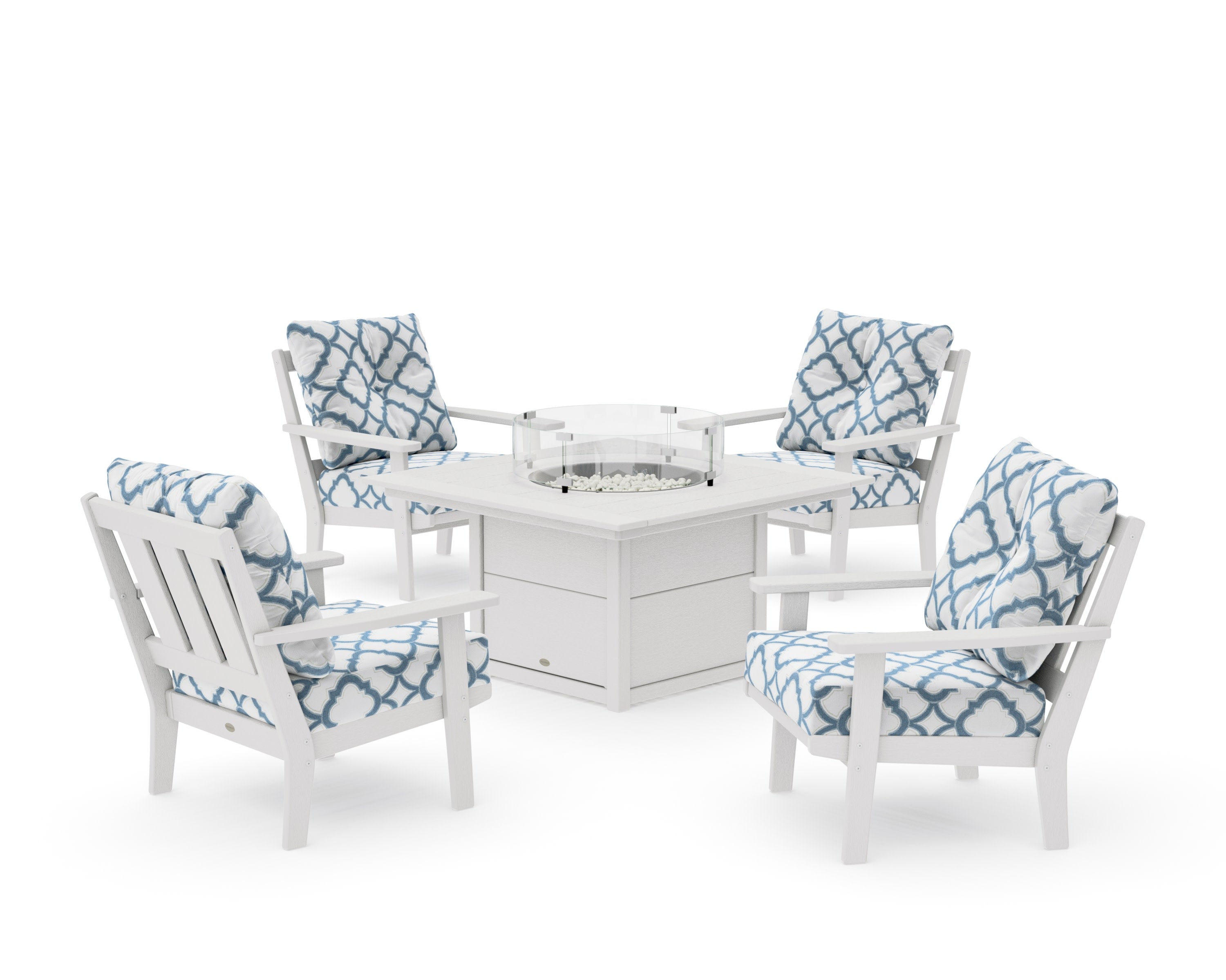 Oxford 5-Piece Deep Seating Set with Fire Pit Table in Vintage White / Trellis Sky Blue