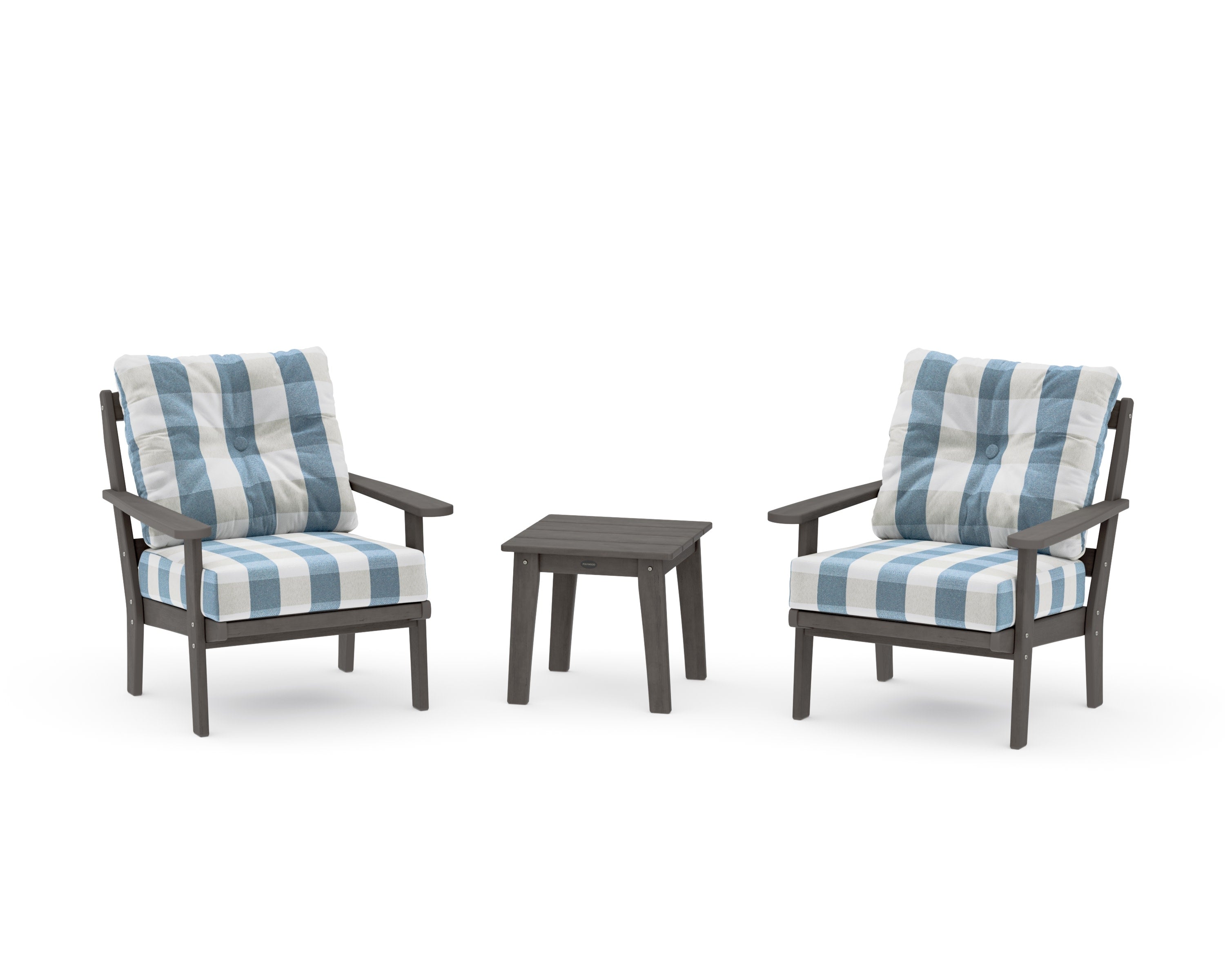 Mission 3-Piece Deep Seating Set in Driftwood / Buffalo Plaid Sky Blue
