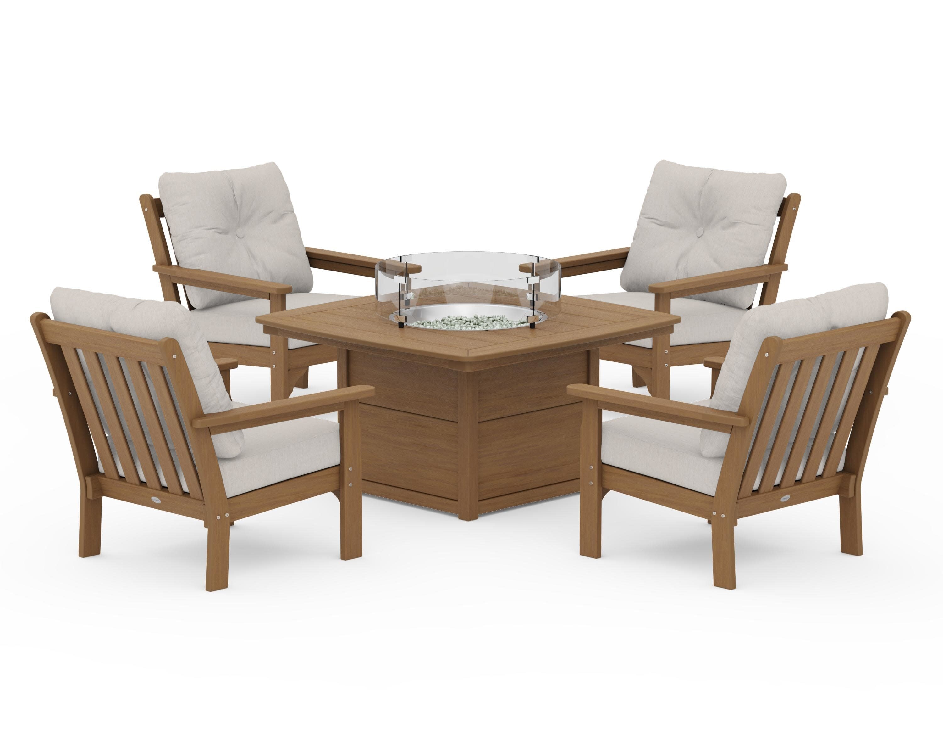 Vineyard 5-Piece Conversation Set with Fire Pit Table in Natural / Cast Ash
