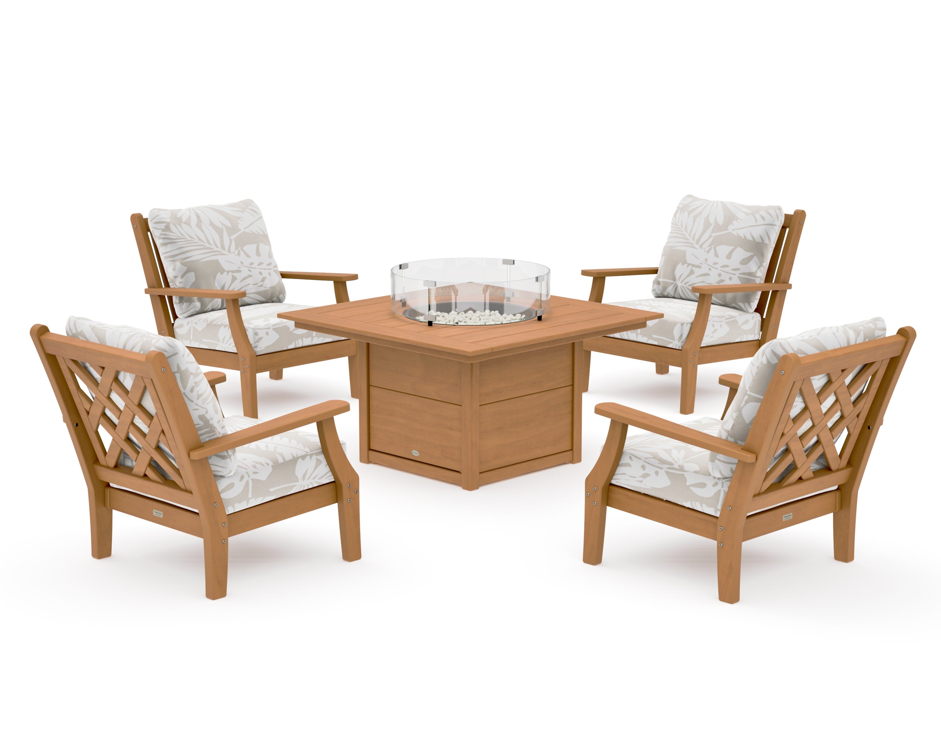 Wovendale 5-Piece Deep Seating Set with Fire Pit Table in Natural / Leaf Dune Burlap