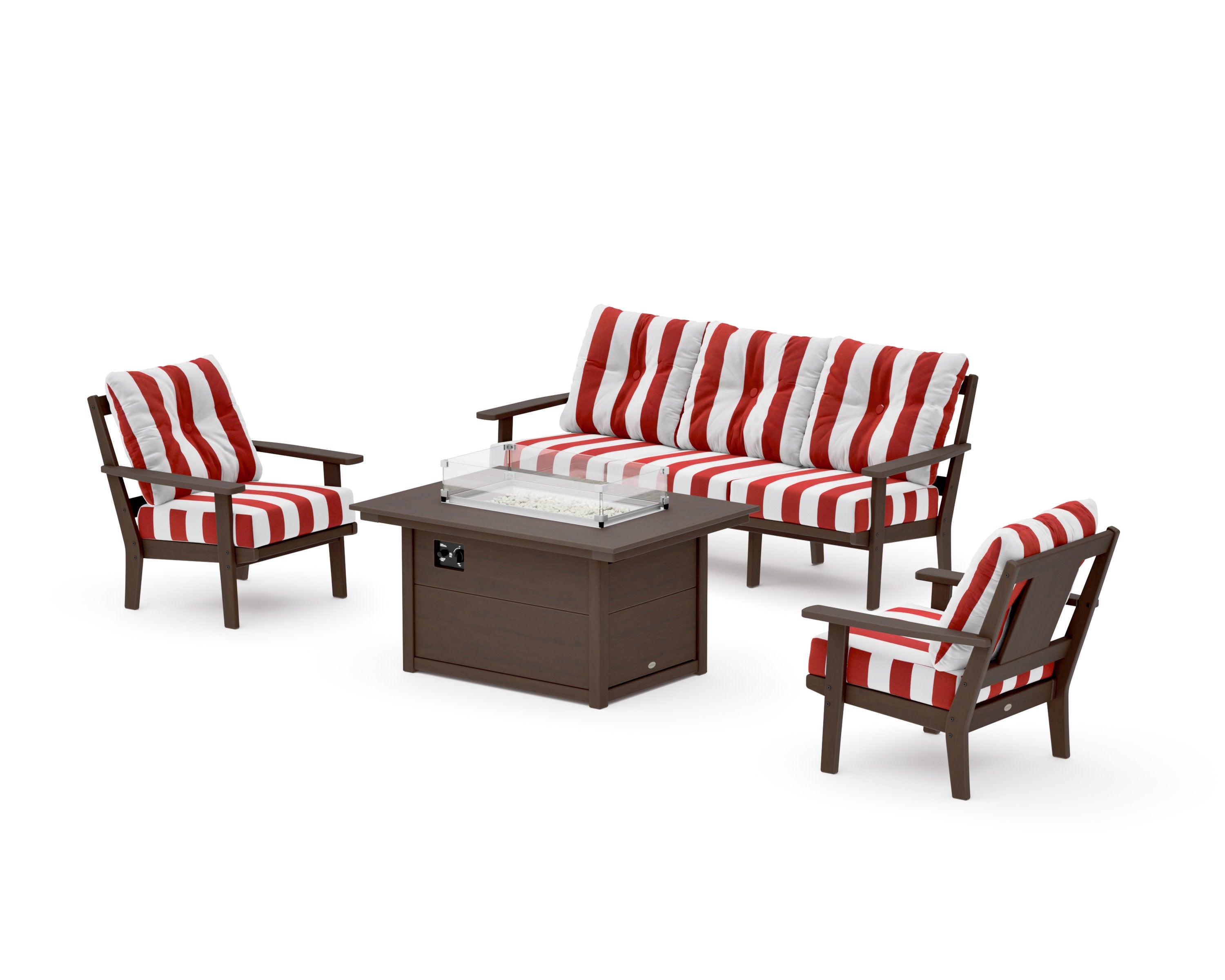 Prairie Deep Seating Fire Pit Table Set in Kona / Cabana Stripe Crimson