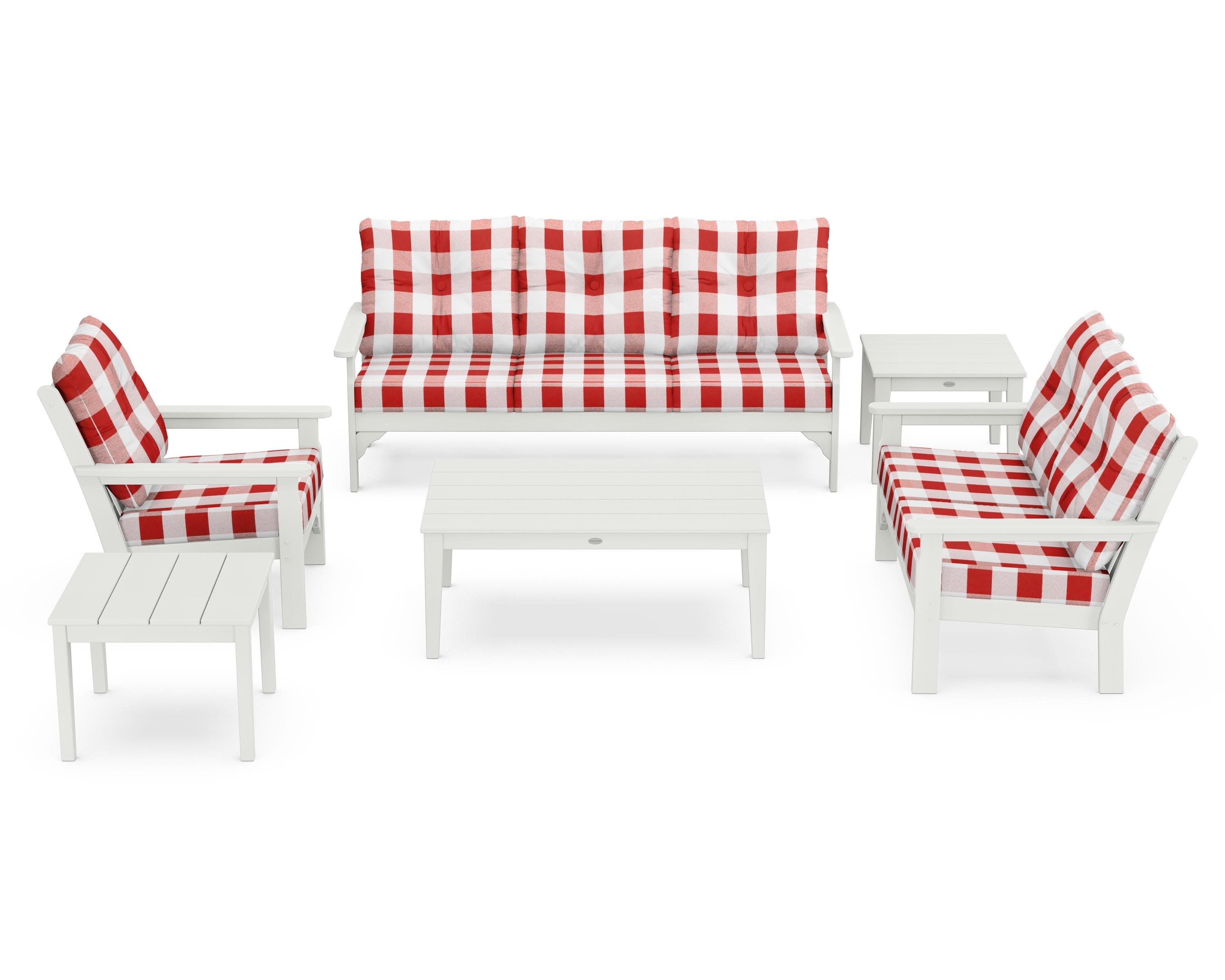 Vineyard 6-Piece Deep Seating Set in Vintage White / Buffalo Plaid Crimson