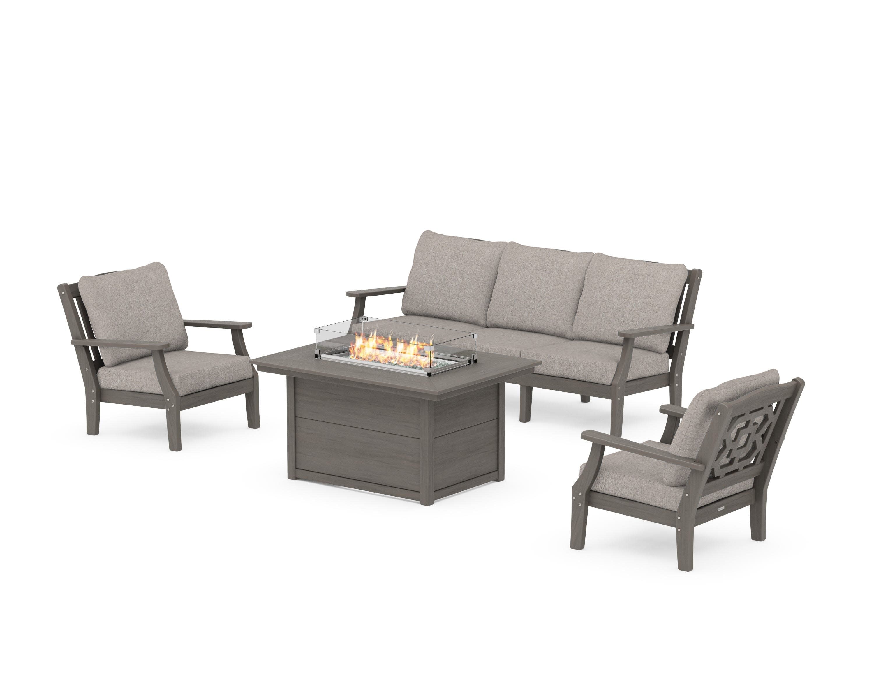 Chinoiserie Deep Seating Fire Pit Table Set in Driftwood / Weathered Tweed