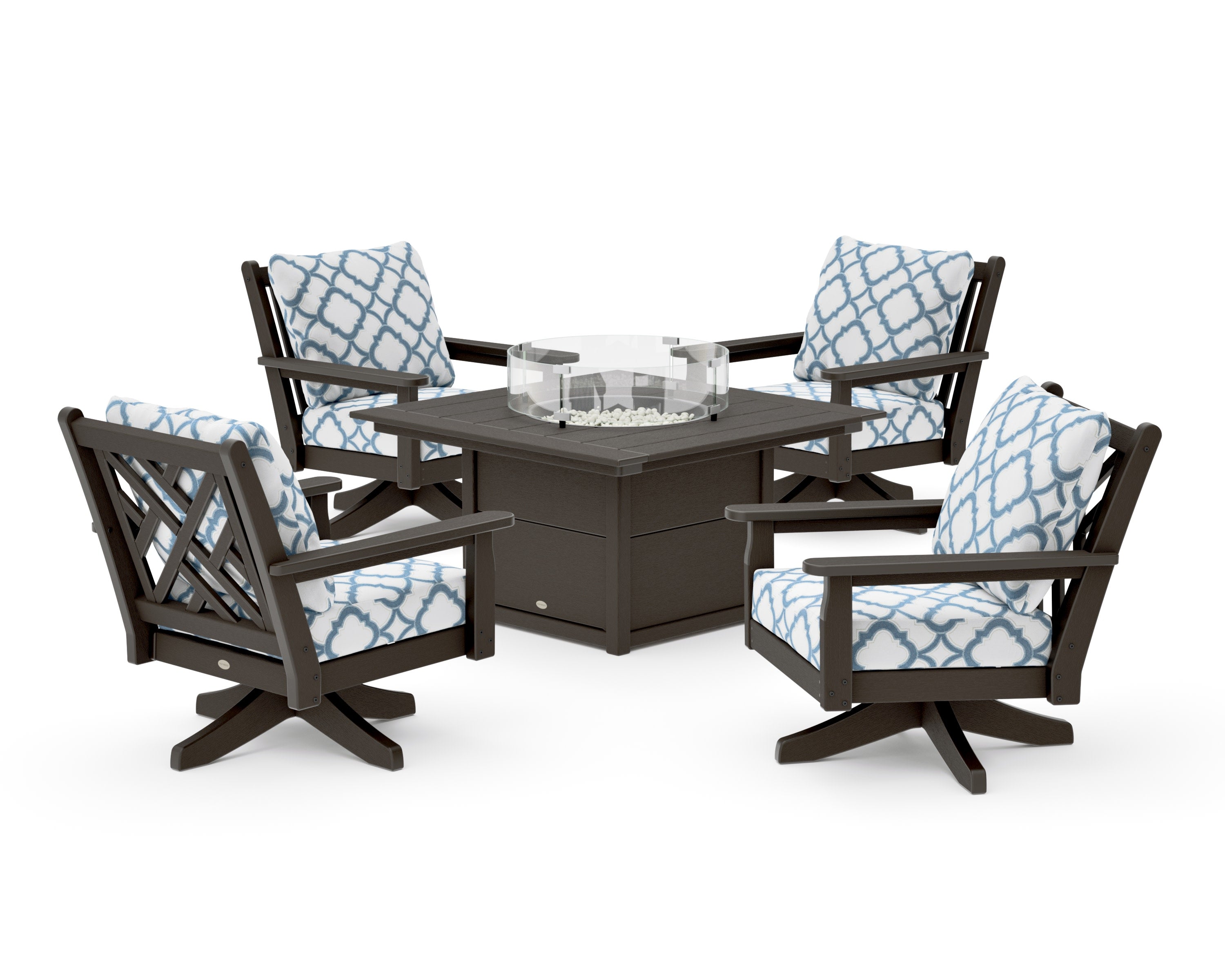 Chippendale 5-Piece Deep Seating Swivel Conversation Set with Fire Pit Table in Vintage Coffee / Trellis Sky Blue