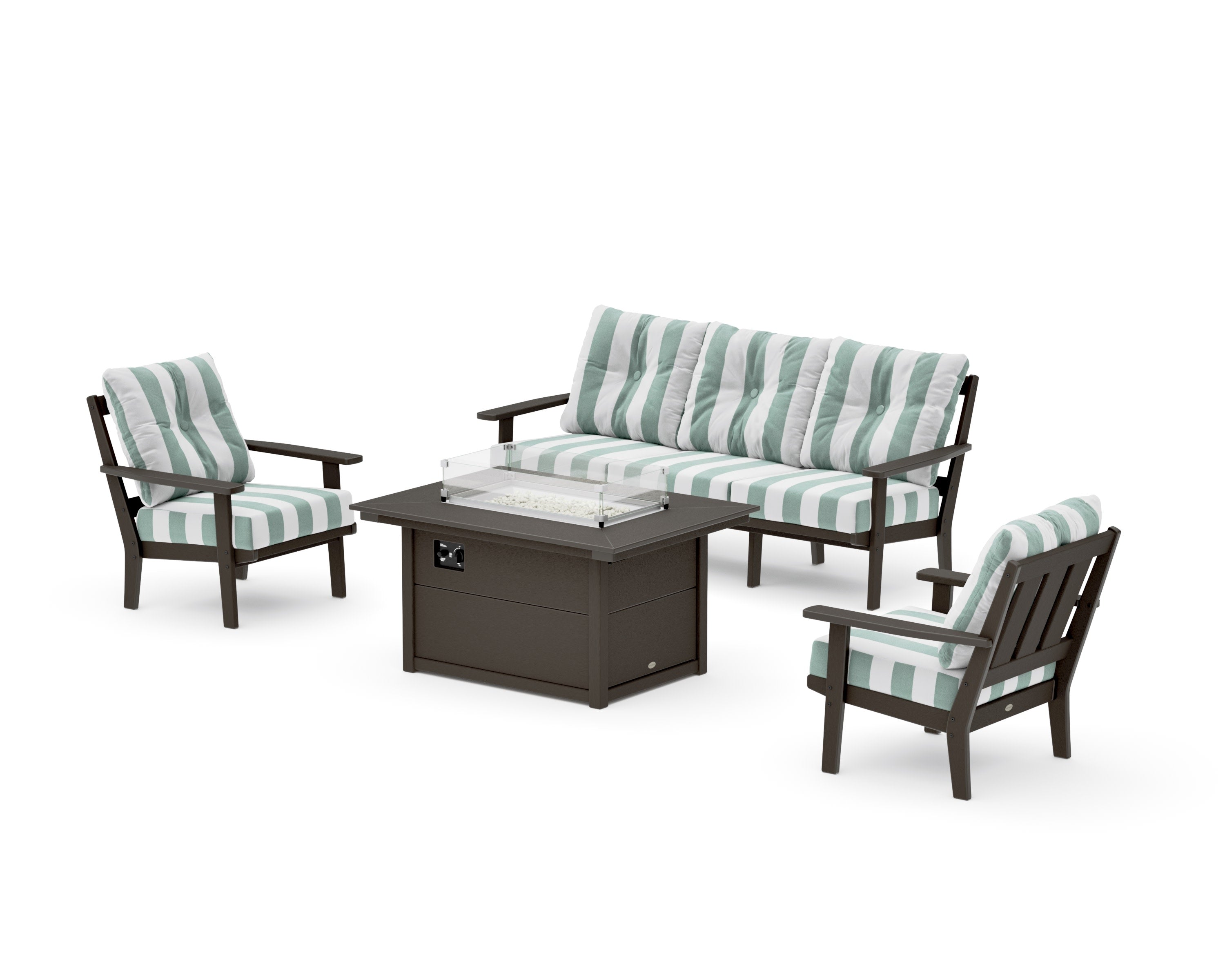 Oxford Deep Seating Fire Pit Table Set in Vintage Coffee / Cabana Stripe Glacier Spa