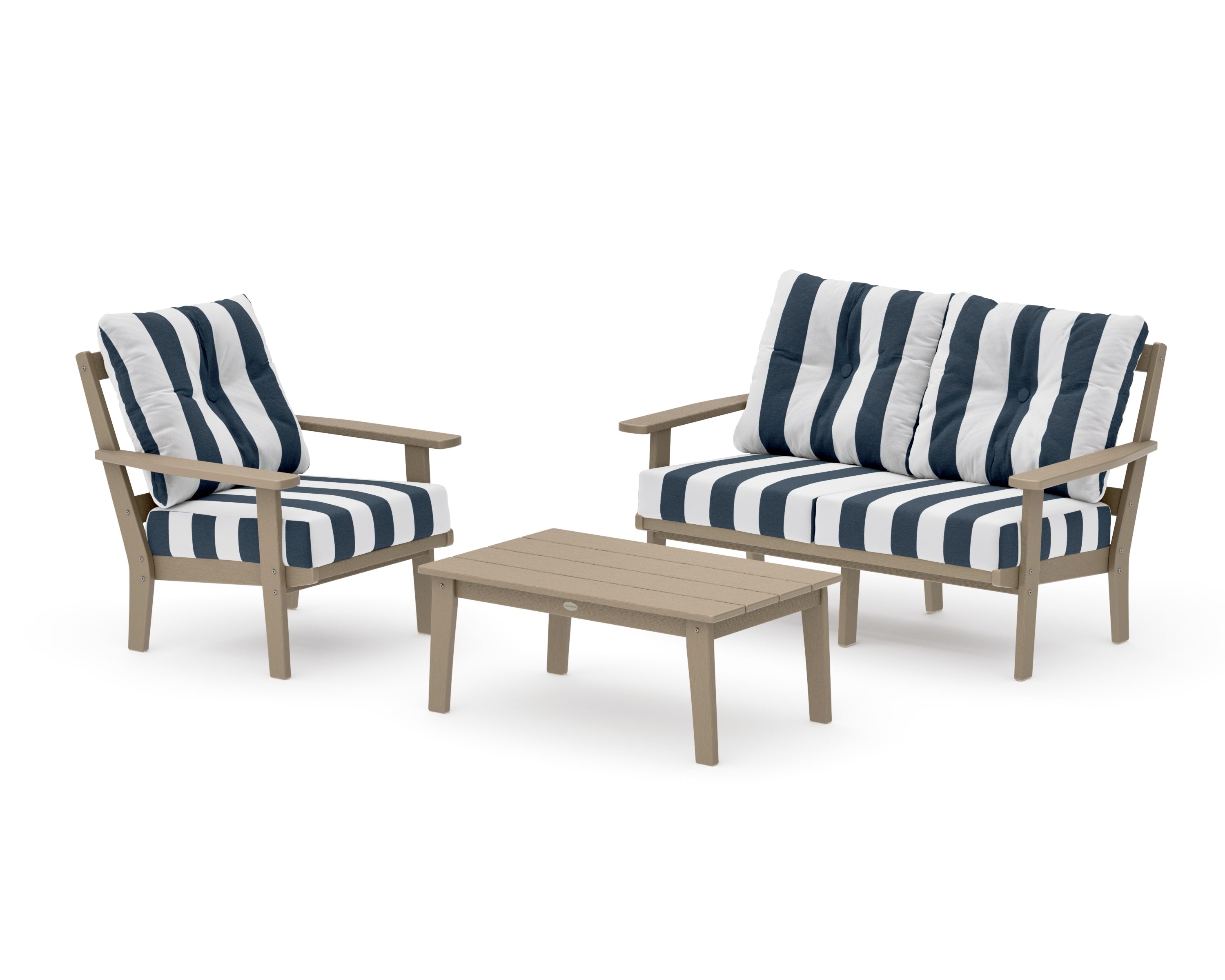Oxford 3-Piece Deep Seating Set with Loveseat in Vintage Sahara / Cabana Stripe Marine Indigo