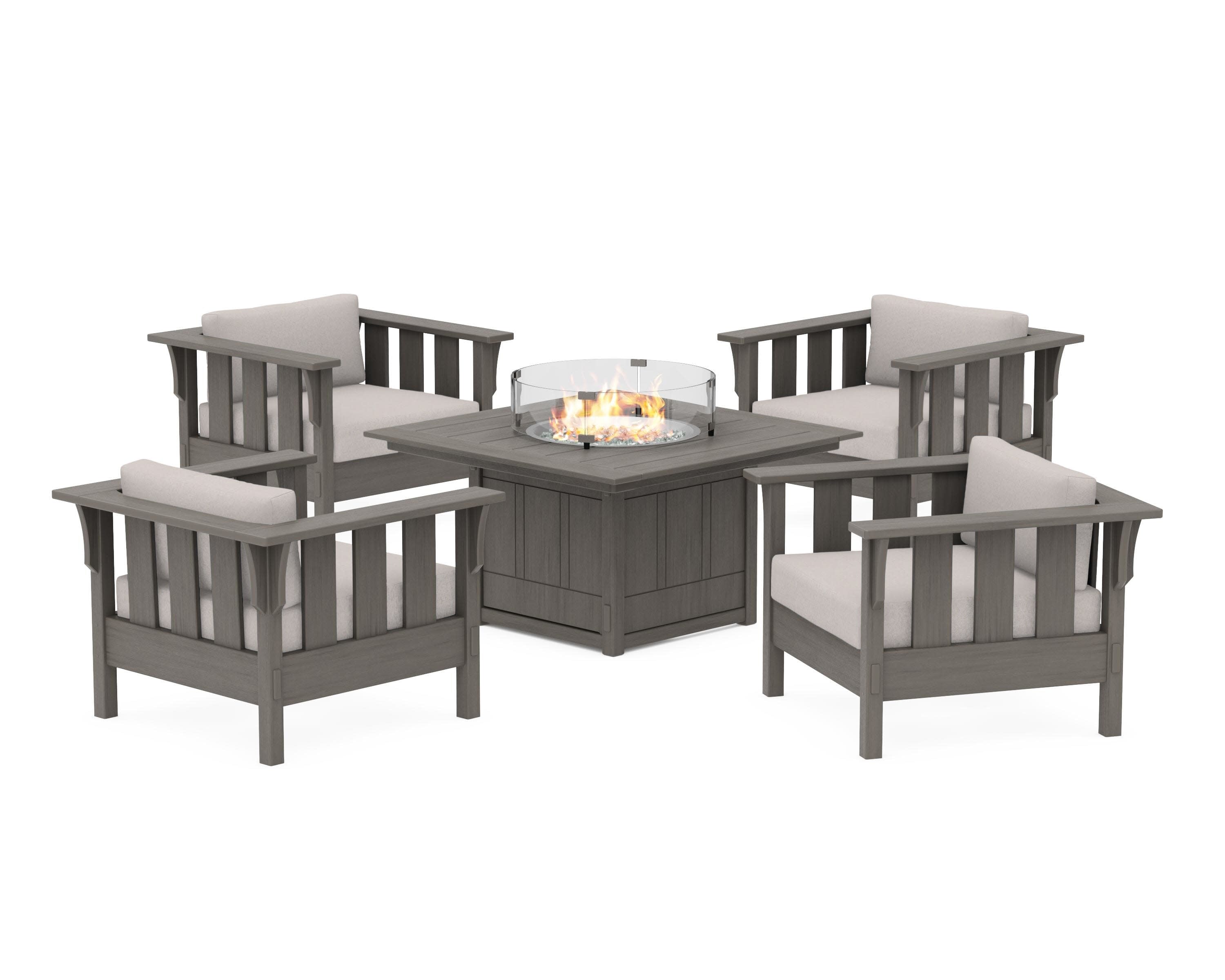 Acadia 5-Piece Deep Seating Set with Fire Pit Table in Driftwood / Dune Burlap