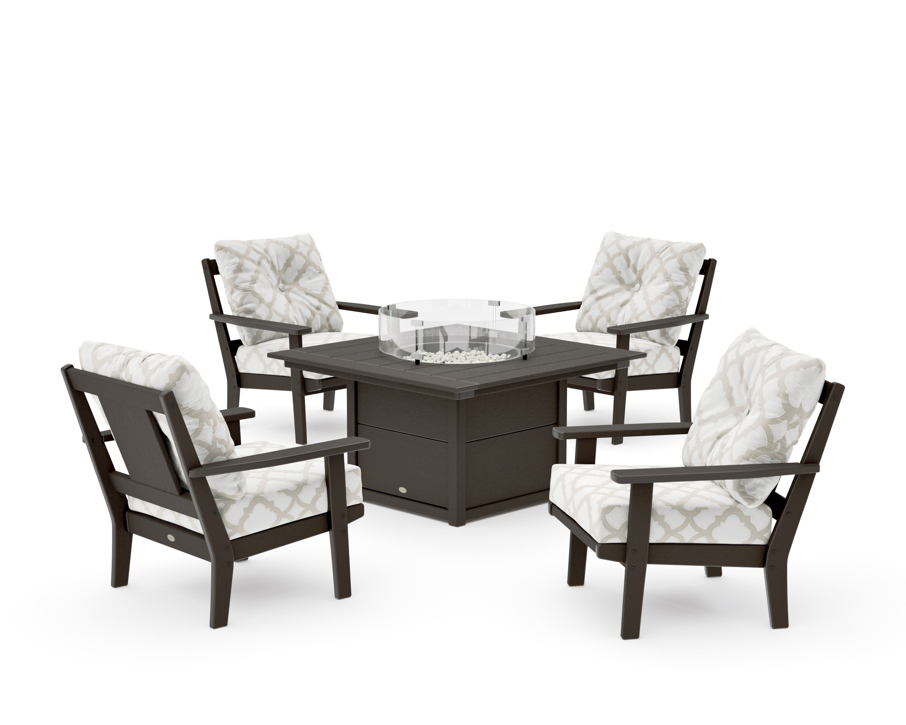 Prairie 5-Piece Deep Seating Set with Fire Pit Table in Vintage Coffee / Trellis Dune Burlap