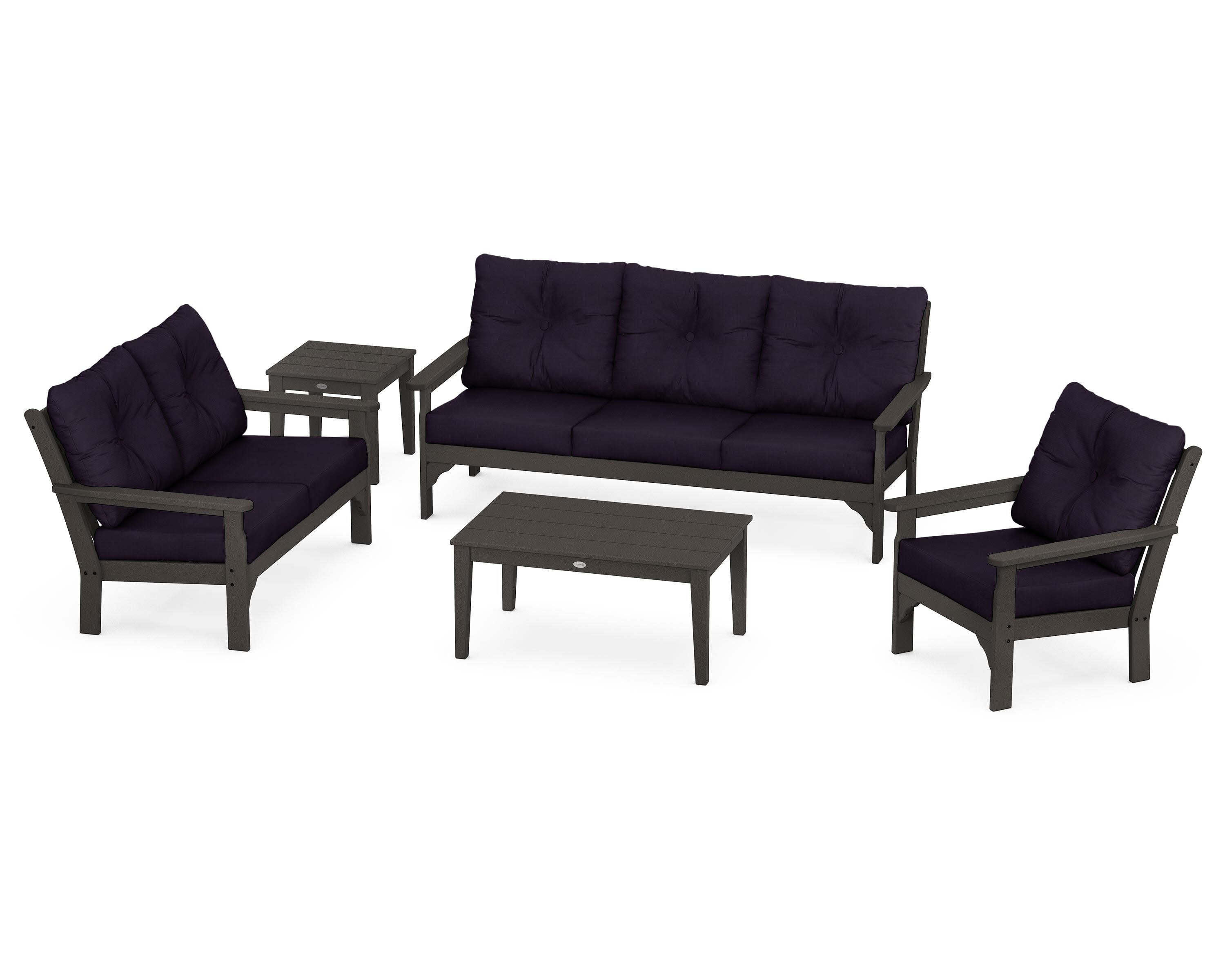 Vineyard 5 Piece Deep Seating Set in Vintage Coffee / Navy Linen