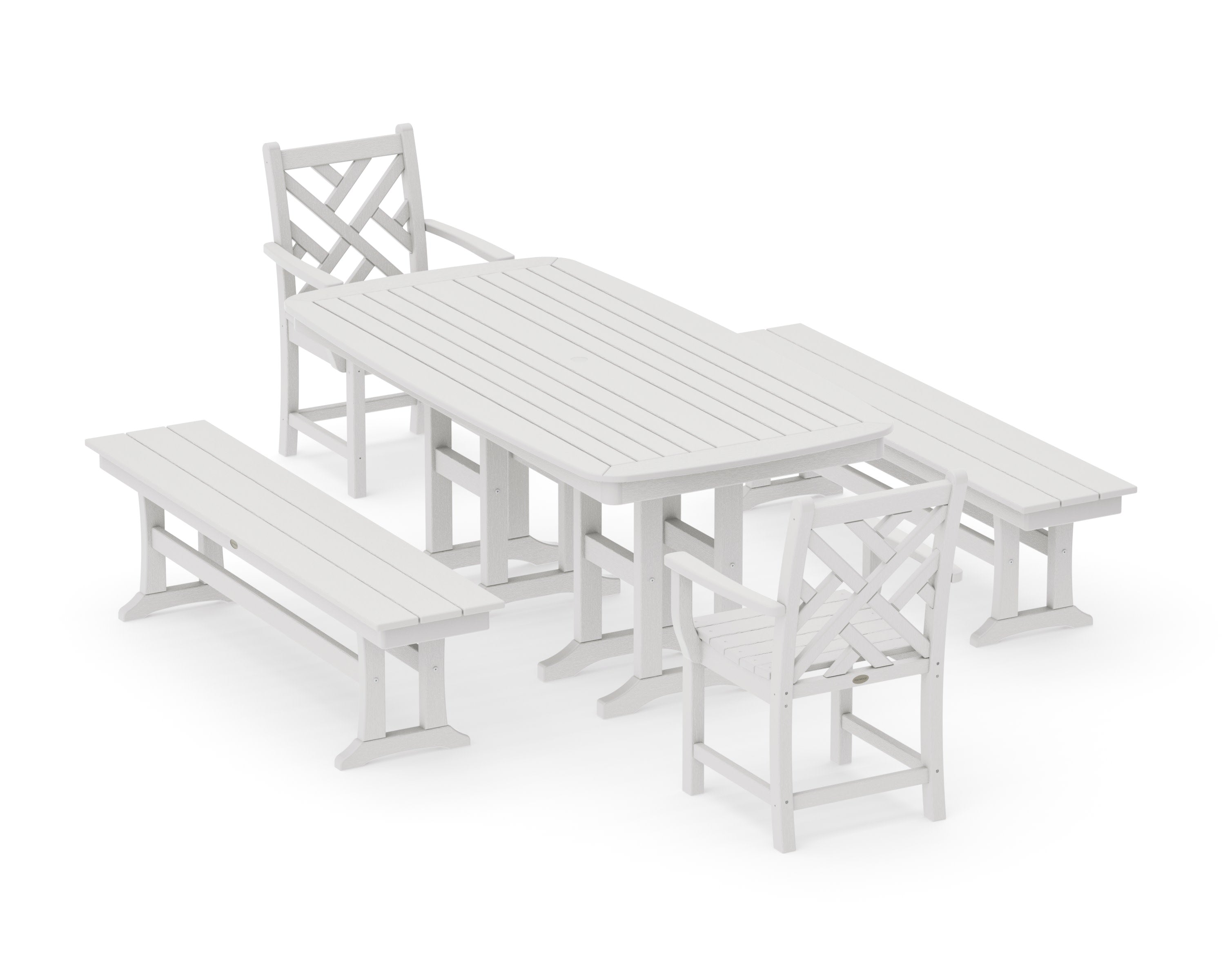 Chippendale 5-Piece Dining Set with Benches in Vintage White