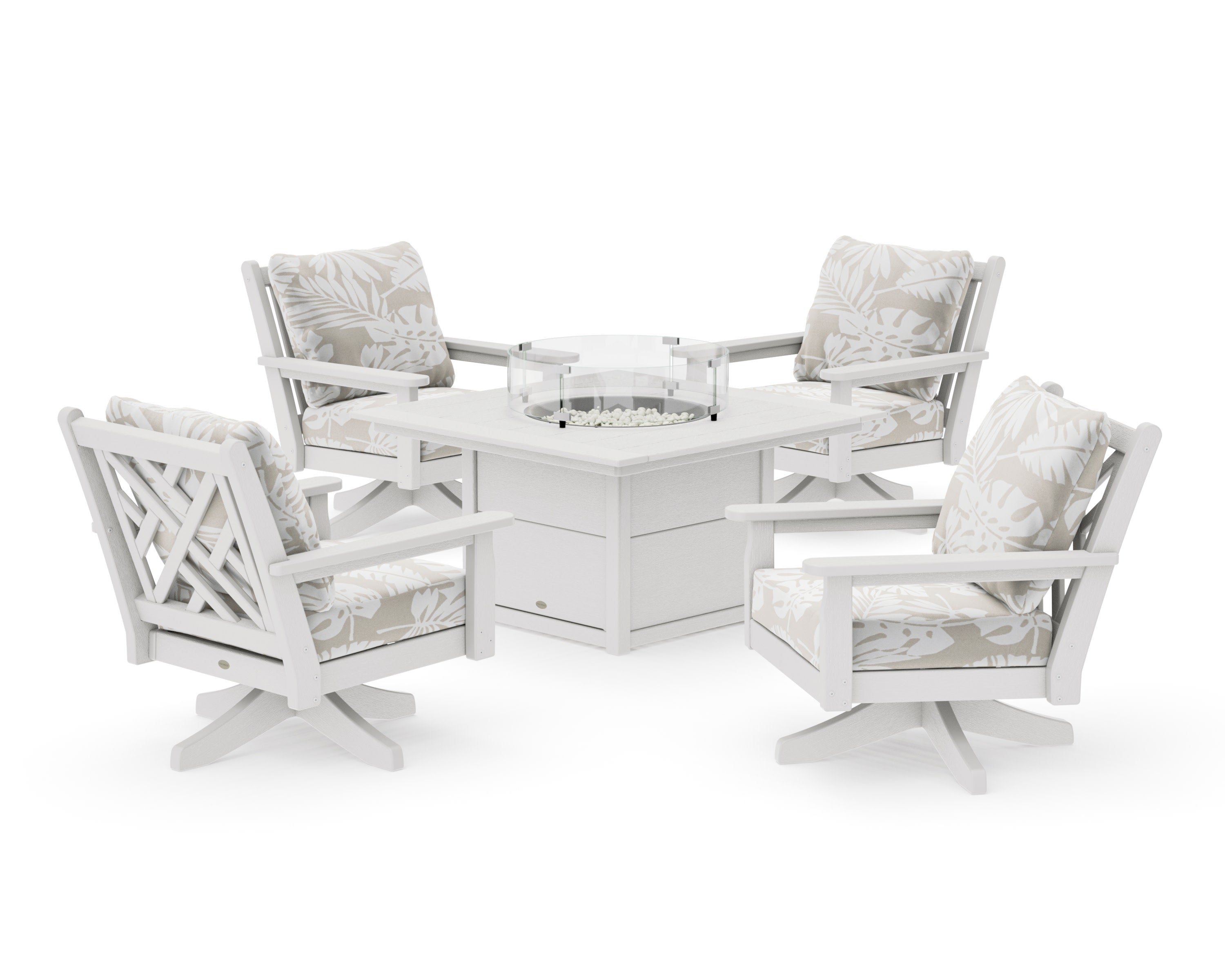 Chippendale 5-Piece Deep Seating Swivel Conversation Set with Fire Pit Table in Vintage White / Leaf Dune Burlap