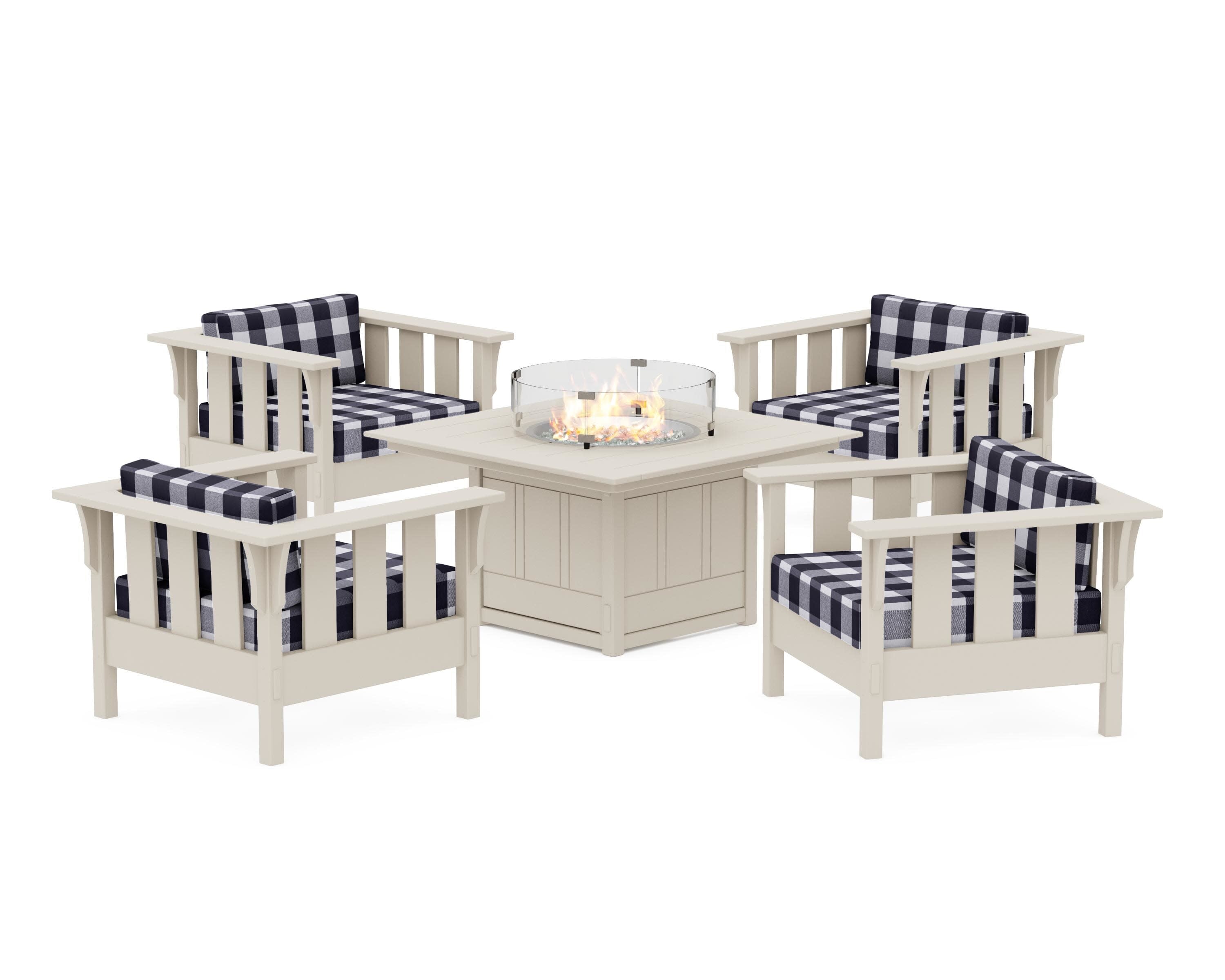 Acadia 5-Piece Deep Seating Set with Fire Pit Table in Sand / Buffalo Plaid Navy