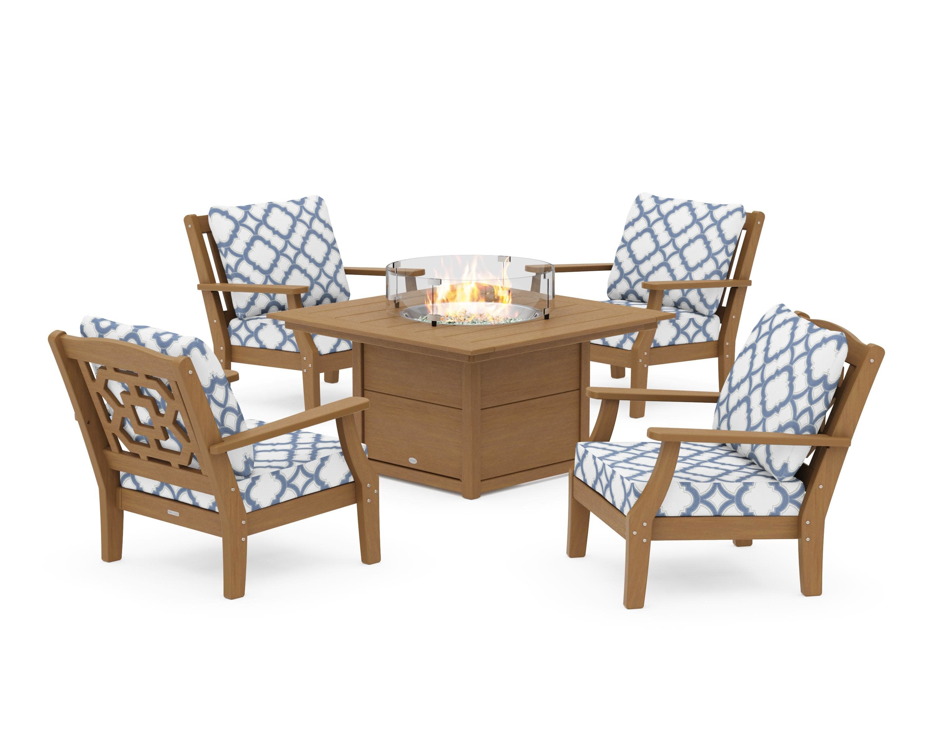 Chinoiserie 5-Piece Deep Seating Set with Fire Pit Table in Natural / Trellis Sky Blue