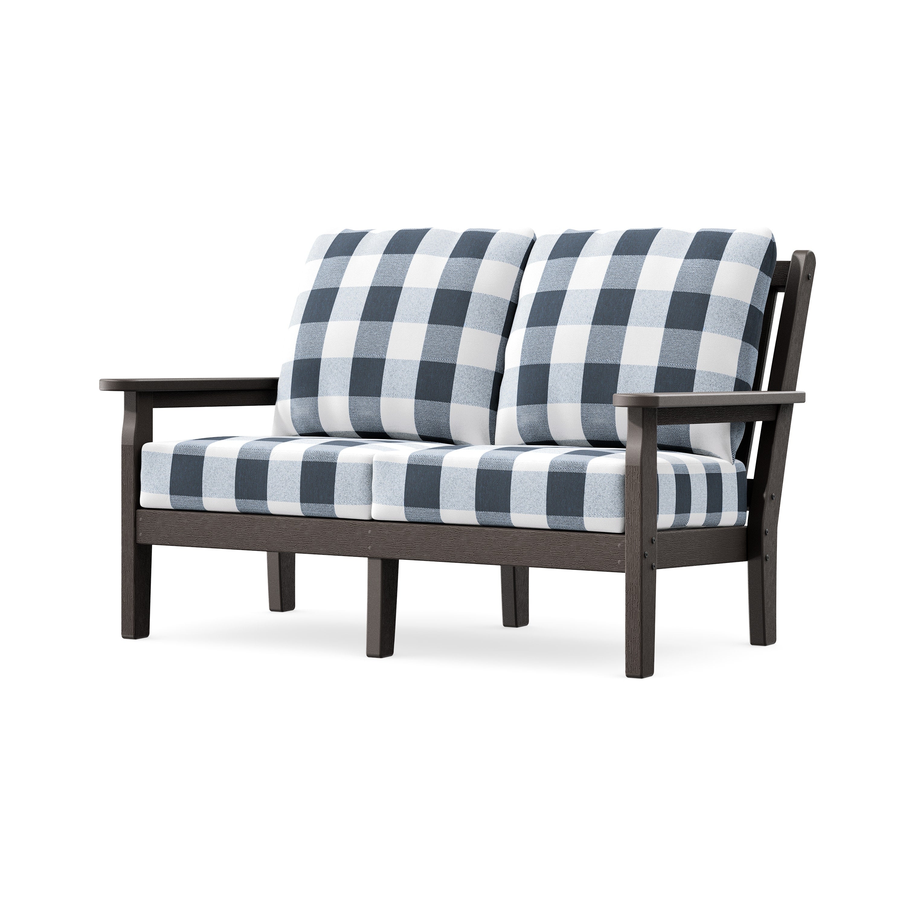 Chippendale Deep Seating Loveseat in Vintage Coffee / Buffalo Plaid Marine Indigo