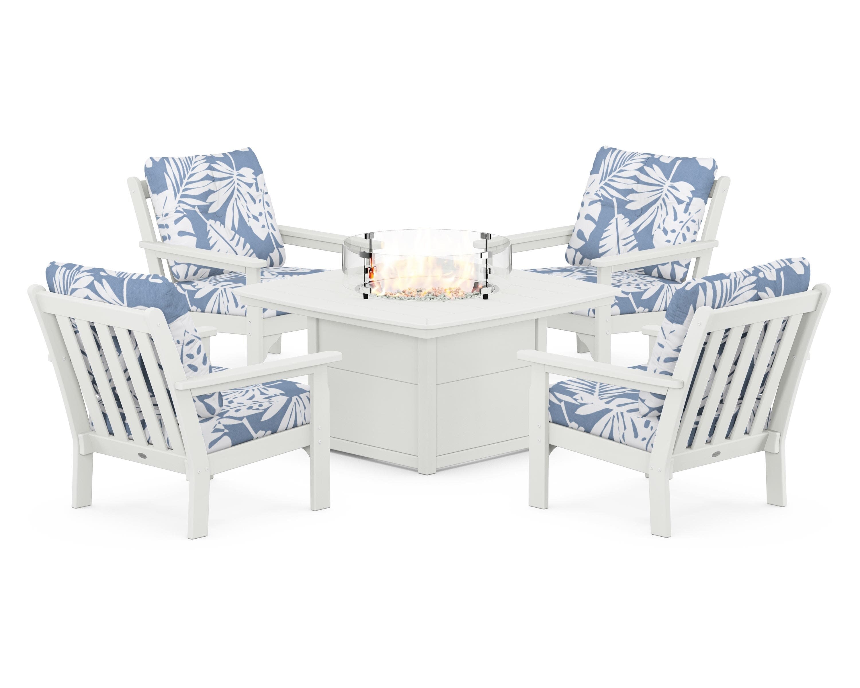 Vineyard 5-Piece Conversation Set with Fire Pit Table in Vintage White / Leaf Sky Blue