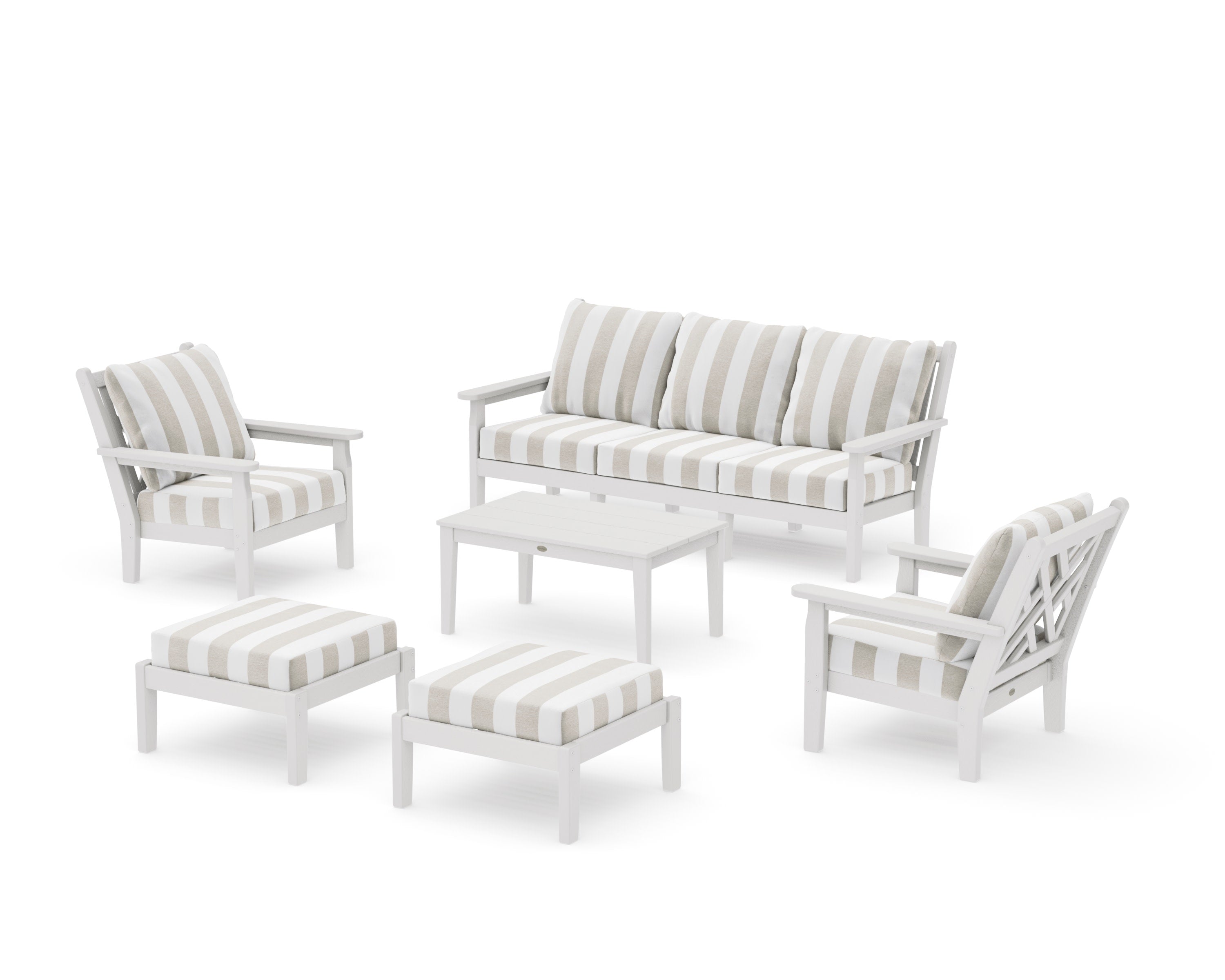 Chippendale 6-Piece Lounge Sofa Set in Vintage White / Cabana Stripe Dune Burlap