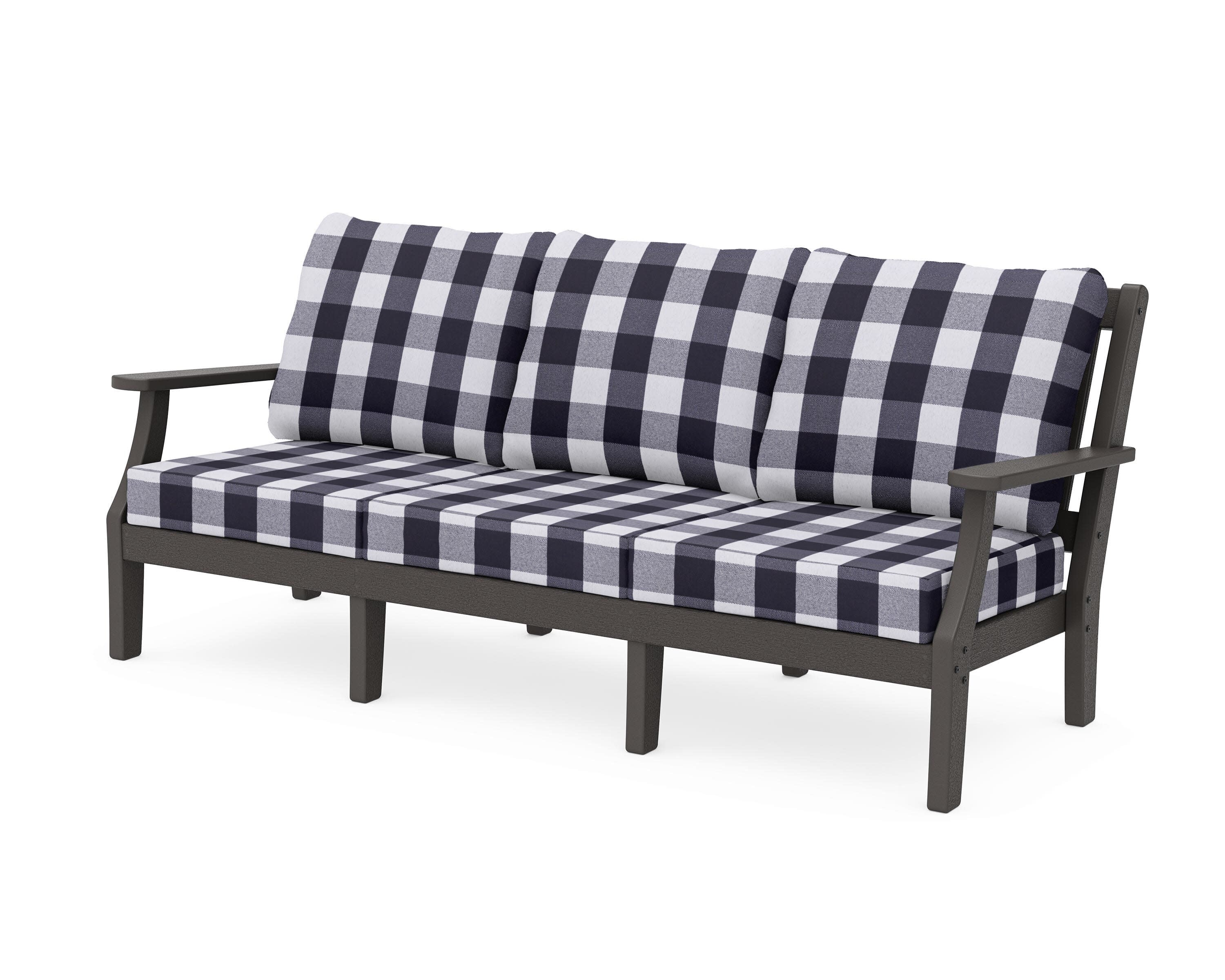 Chinoiserie Deep Seating Sofa in Vintage Coffee / Buffalo Plaid Navy