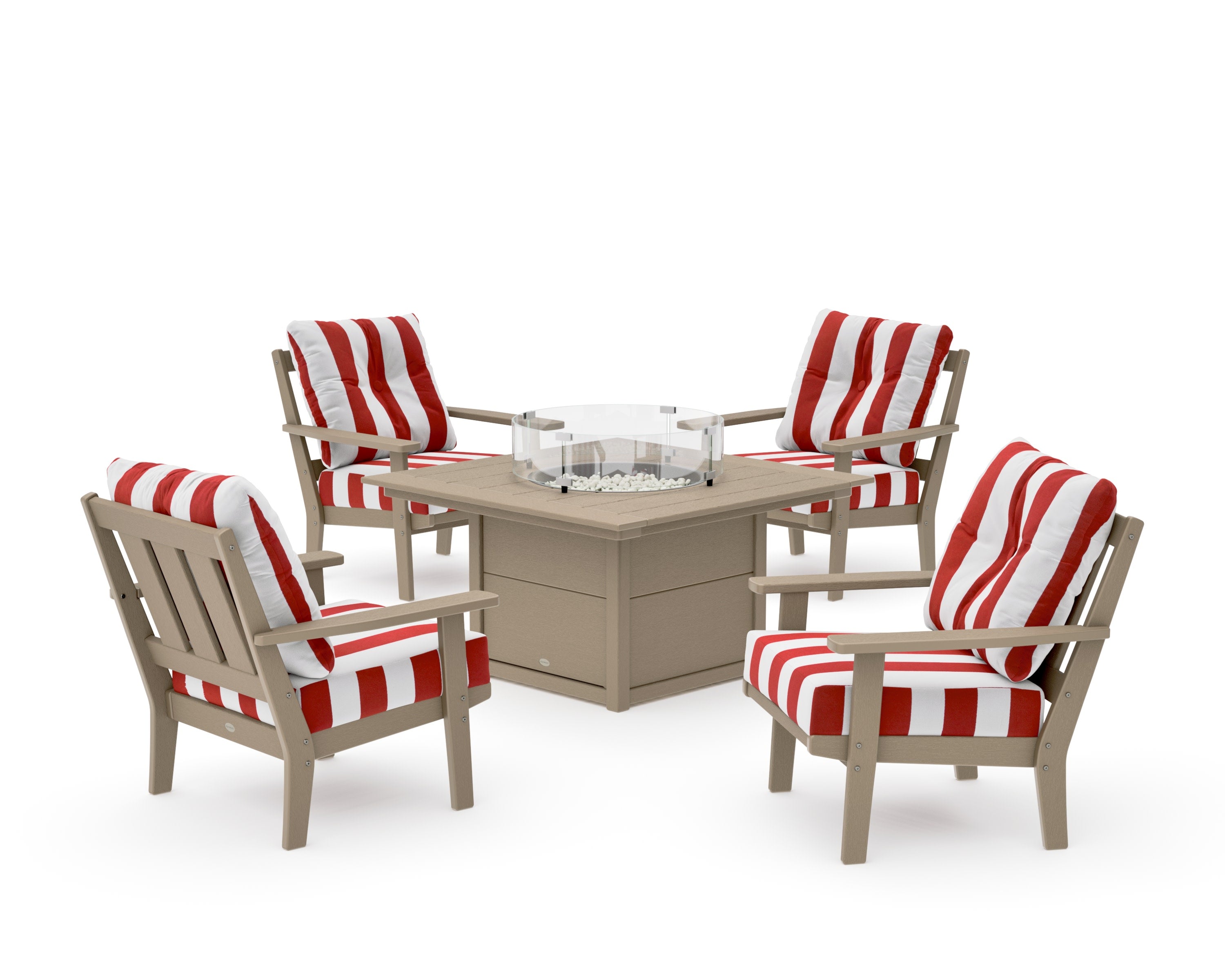 Oxford 5-Piece Deep Seating Set with Fire Pit Table in Vintage Sahara / Cabana Stripe Crimson