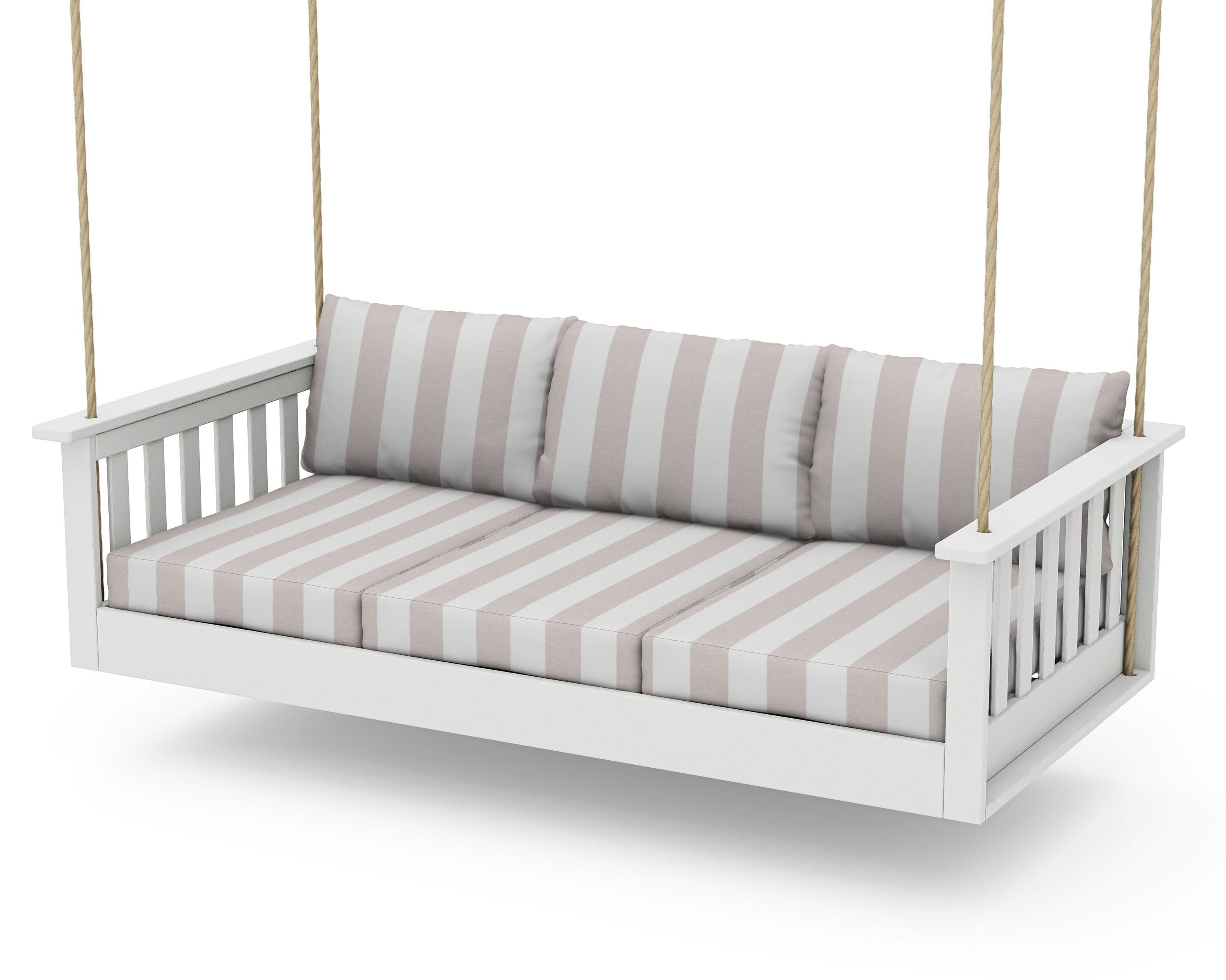 Vineyard Daybed Swing in Vintage White / Cabana Stripe Dune Burlap