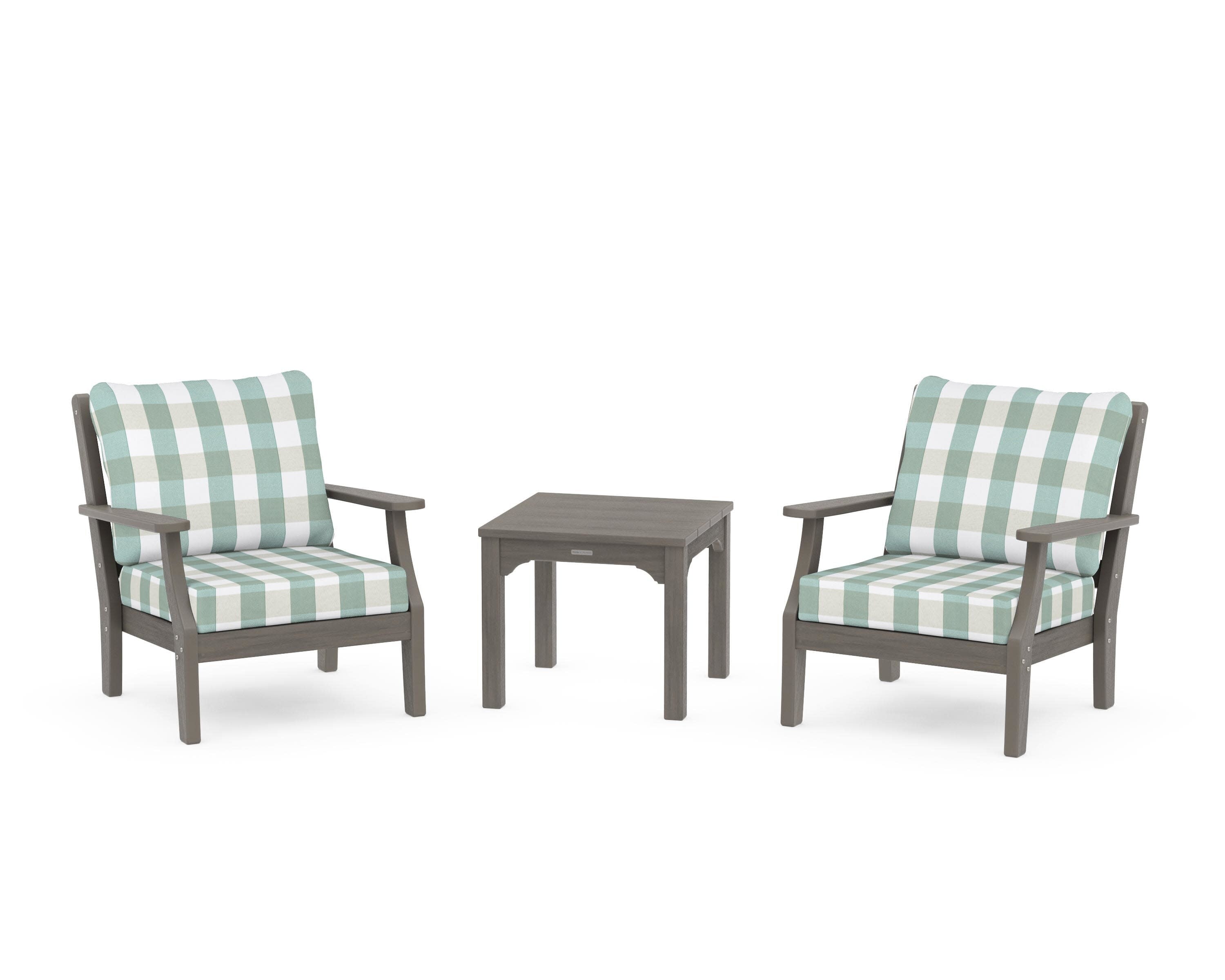 Chinoiserie 3-Piece Deep Seating Set in Driftwood / Buffalo Plaid Glacier Spa