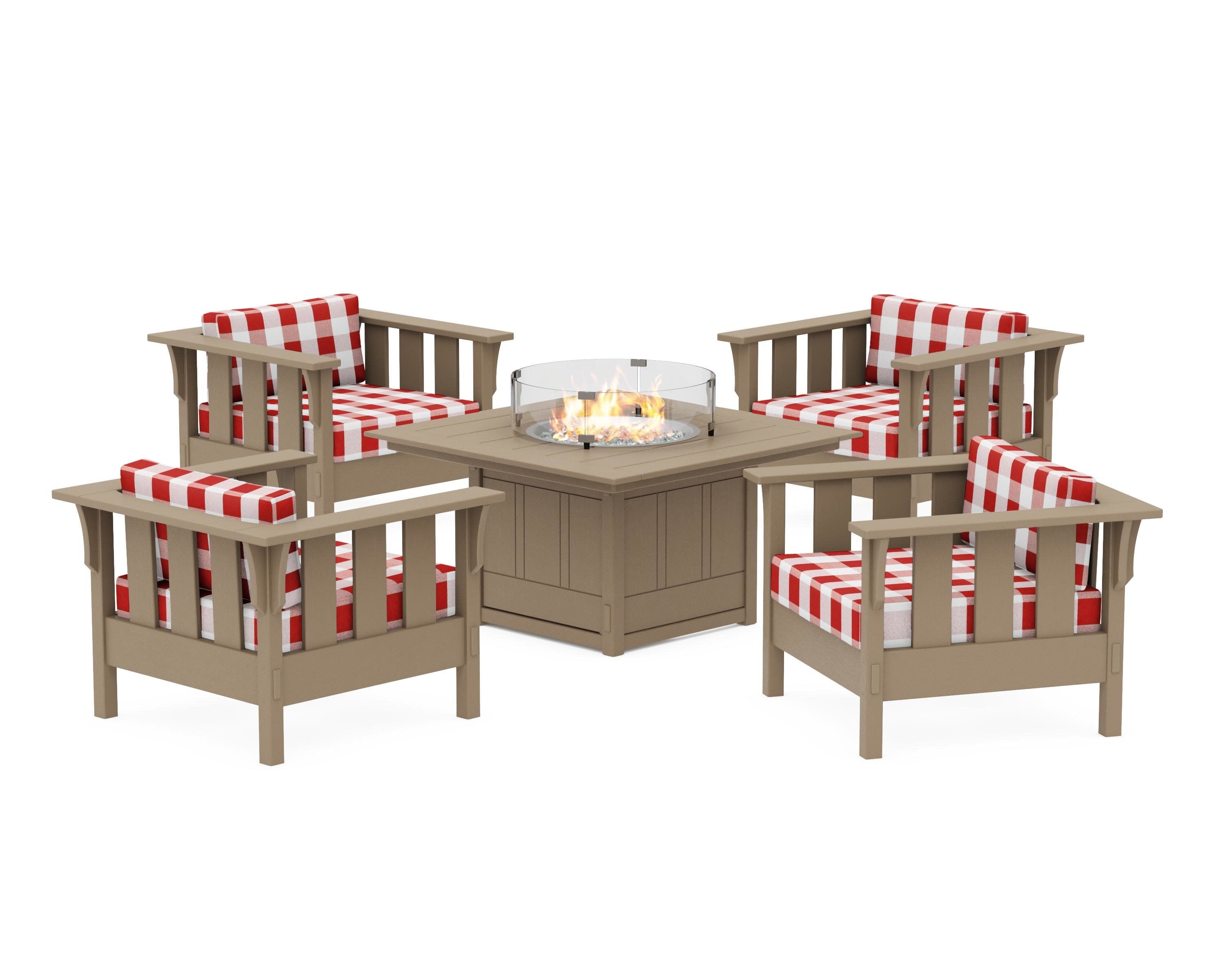 Acadia 5-Piece Deep Seating Set with Fire Pit Table in Vintage Sahara / Buffalo Plaid Crimson