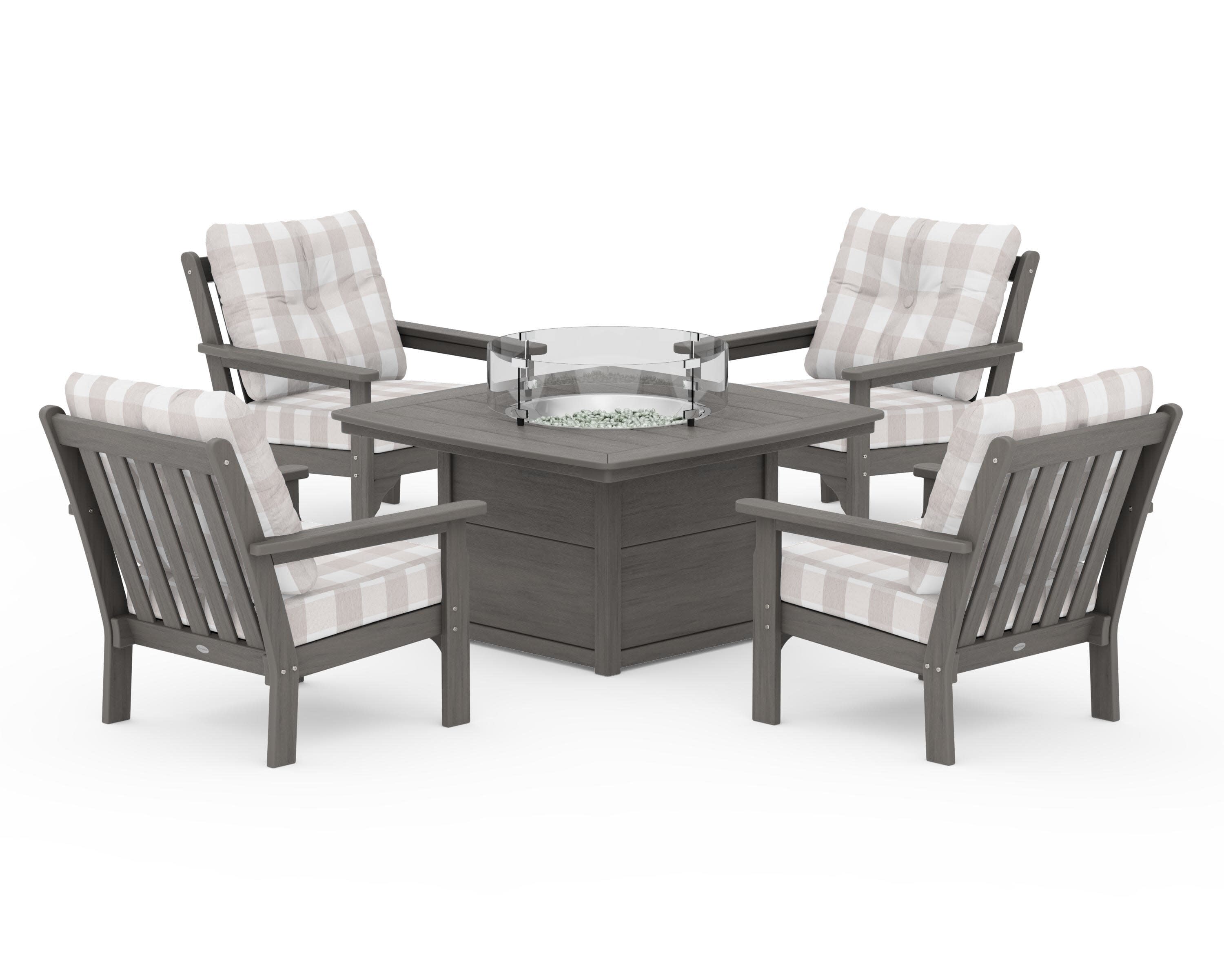 Vineyard 5-Piece Conversation Set with Fire Pit Table in Driftwood / Buffalo Plaid Dune Burlap