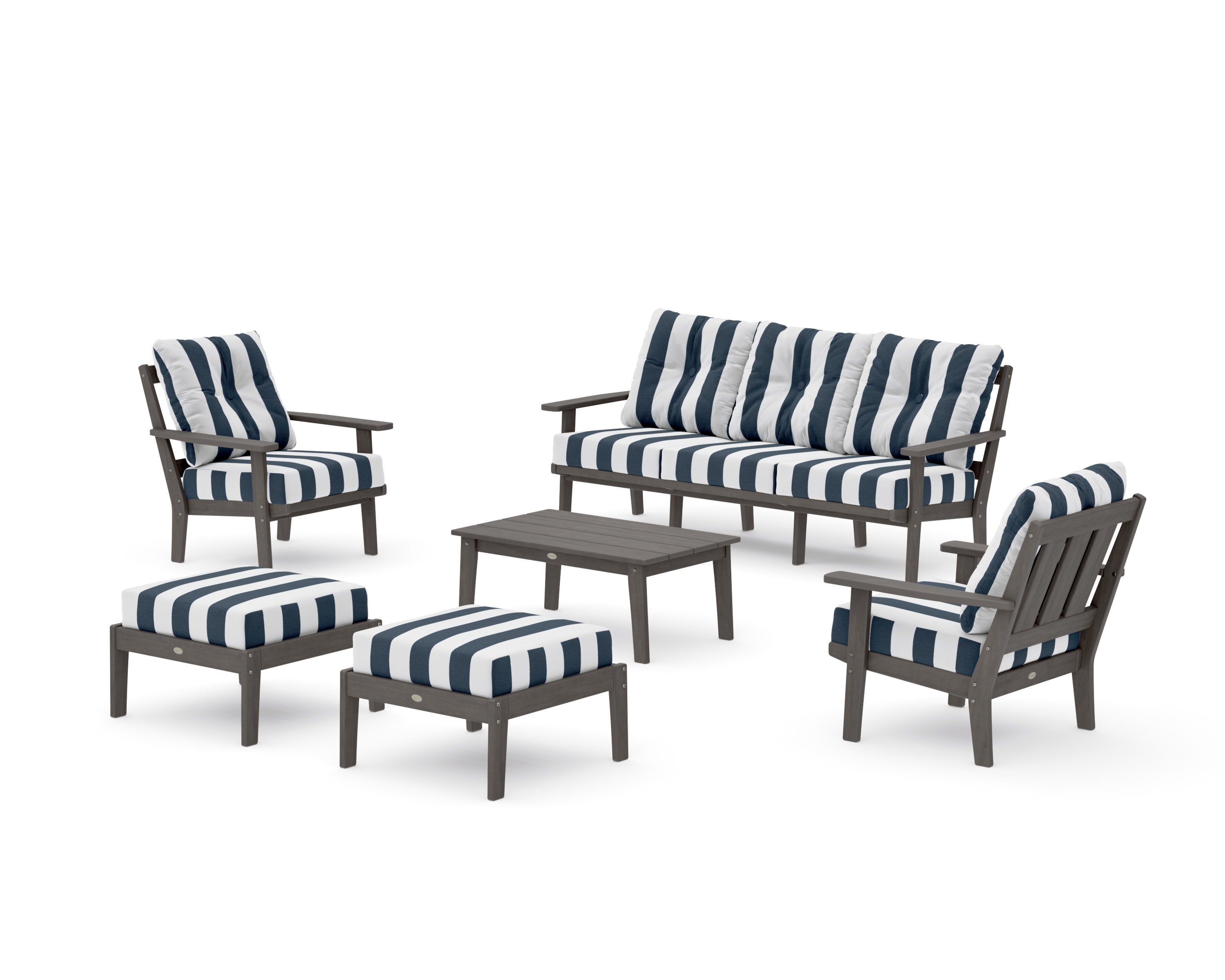 Oxford 6-Piece Lounge Sofa Set in Driftwood / Cabana Stripe Marine Indigo