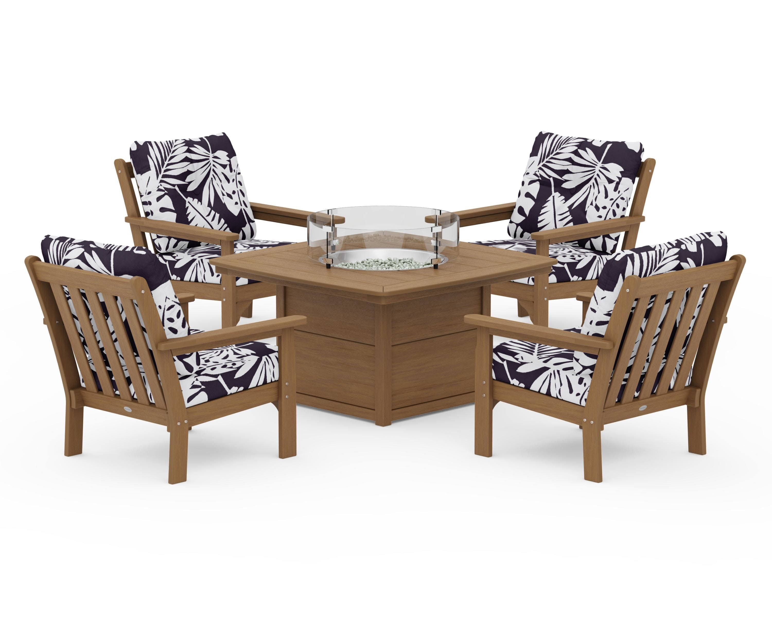 Vineyard 5-Piece Conversation Set with Fire Pit Table in Natural / Leaf Navy
