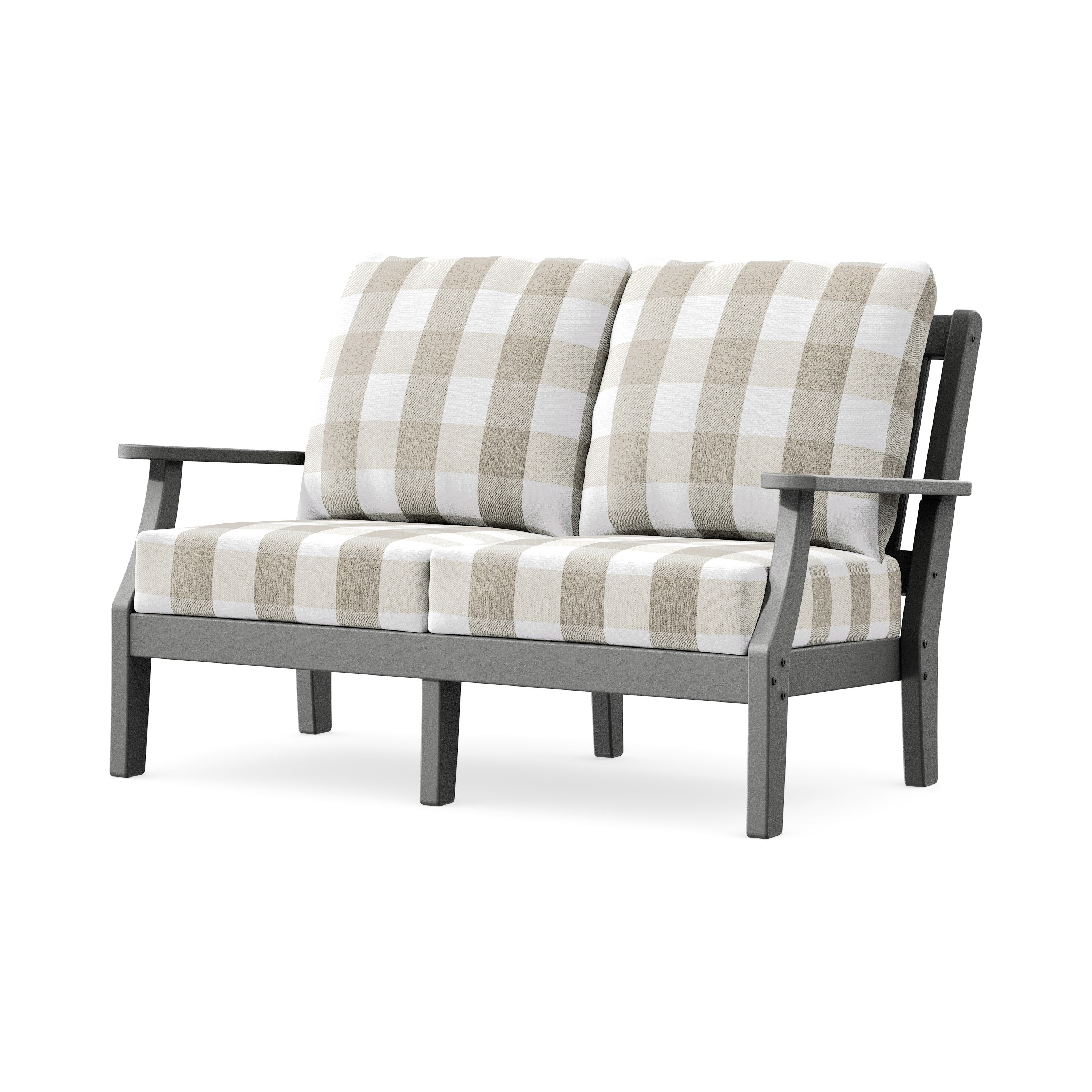 Chinoiserie Deep Seating Loveseat in Slate Grey / Buffalo Plaid Dune Burlap