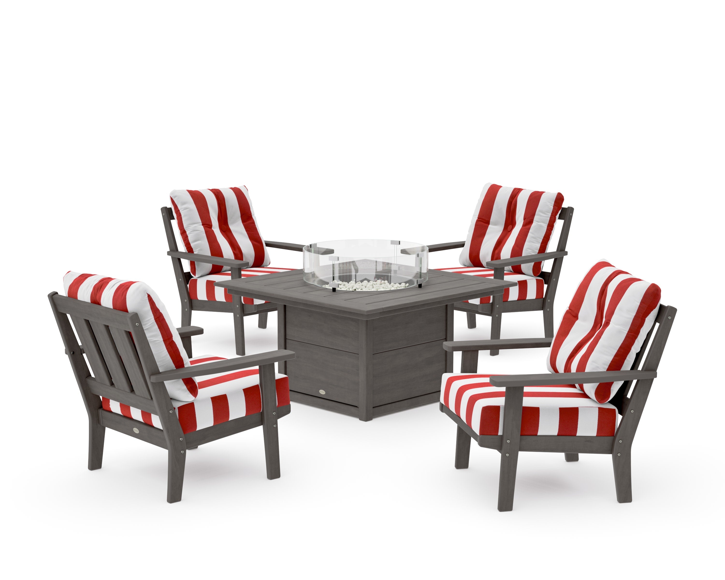 Oxford 5-Piece Deep Seating Set with Fire Pit Table in Driftwood / Cabana Stripe Crimson