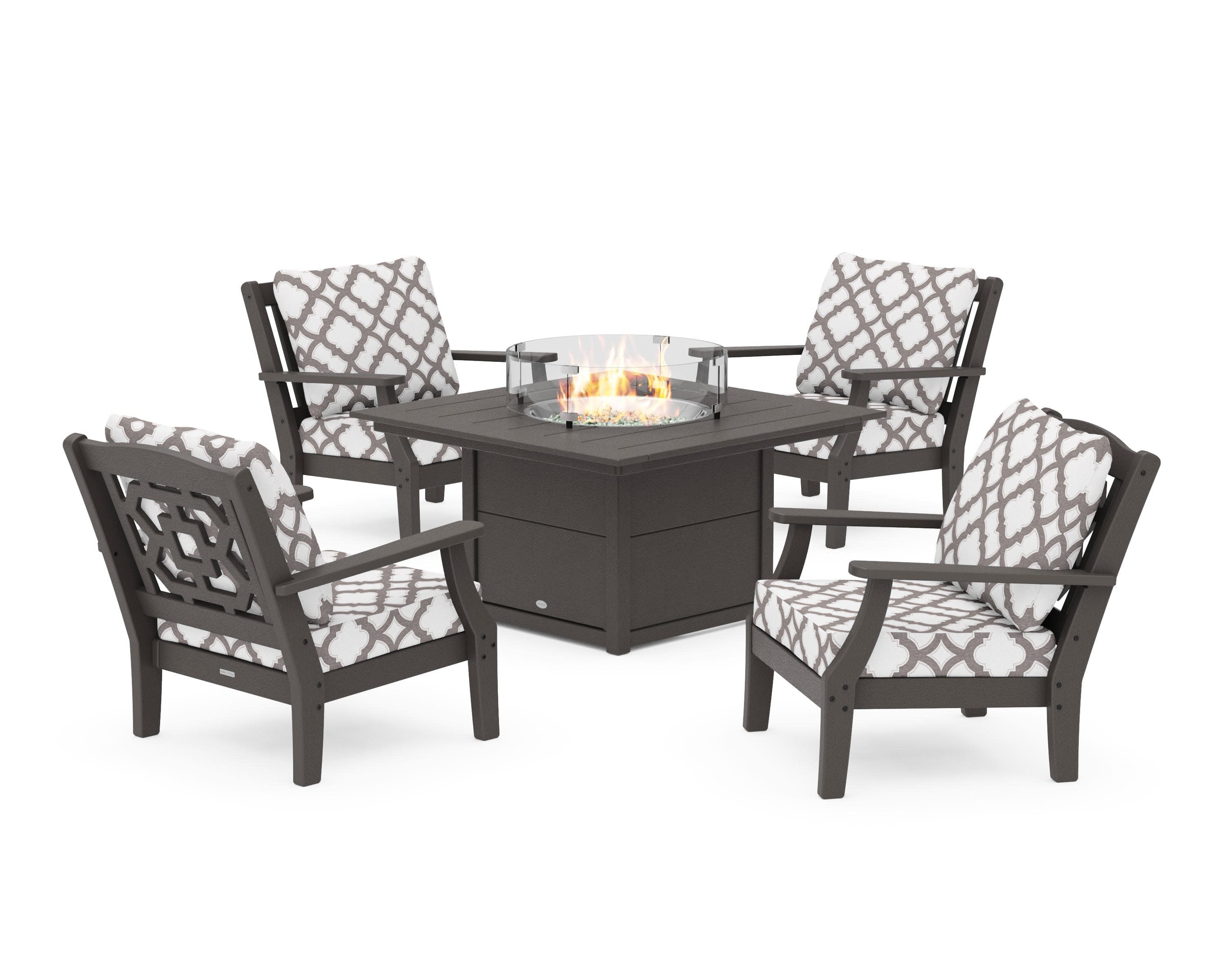 Chinoiserie 5-Piece Deep Seating Set with Fire Pit Table in Vintage Coffee / Trellis Grey Mist