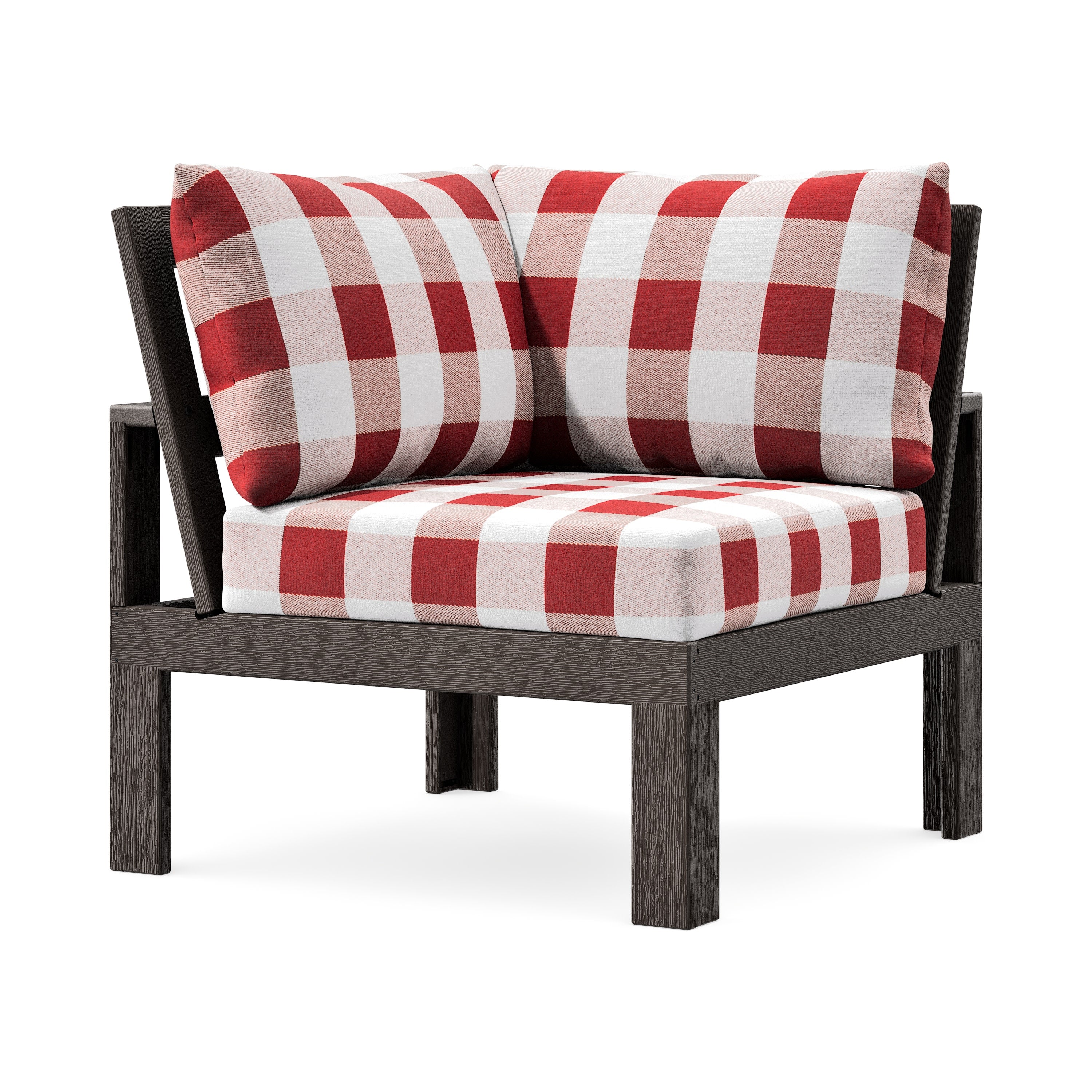 Modular Corner Chair in Vintage Coffee / Buffalo Plaid Crimson
