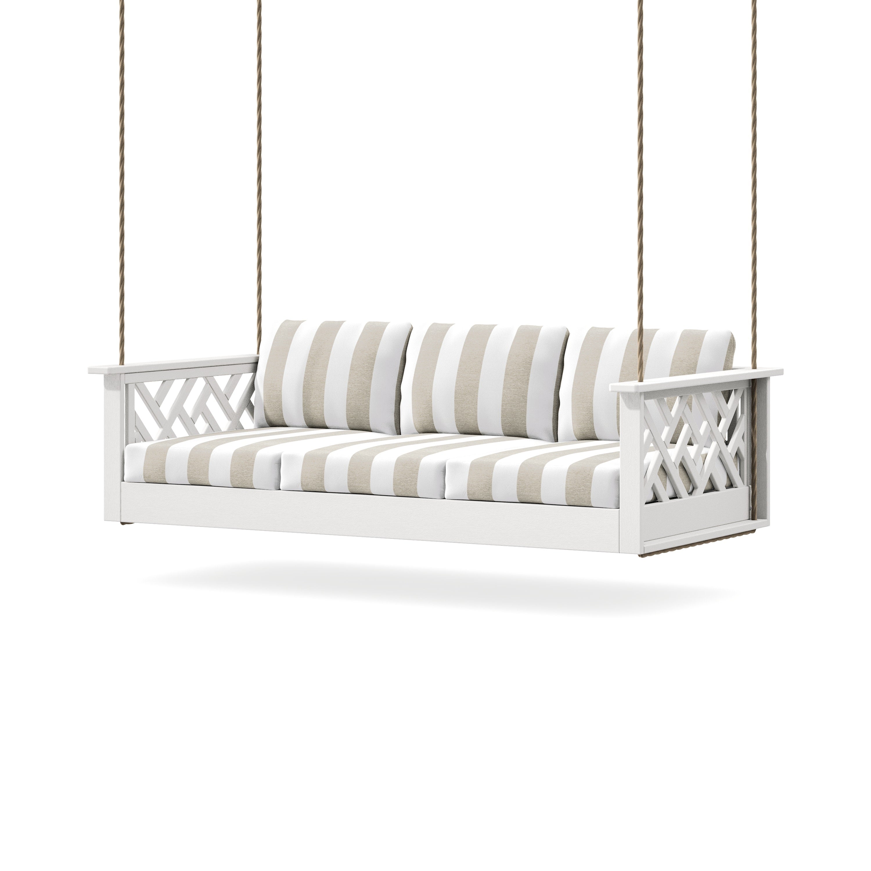 Chippendale Daybed Swing in Vintage White / Cabana Stripe Dune Burlap