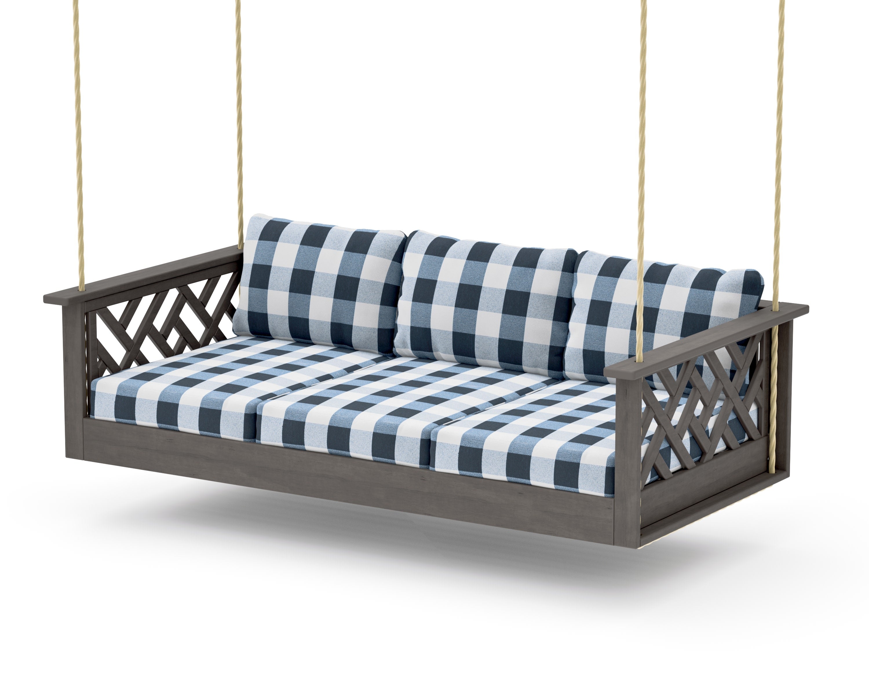 Chippendale Daybed Swing in Driftwood / Buffalo Plaid Marine Indigo