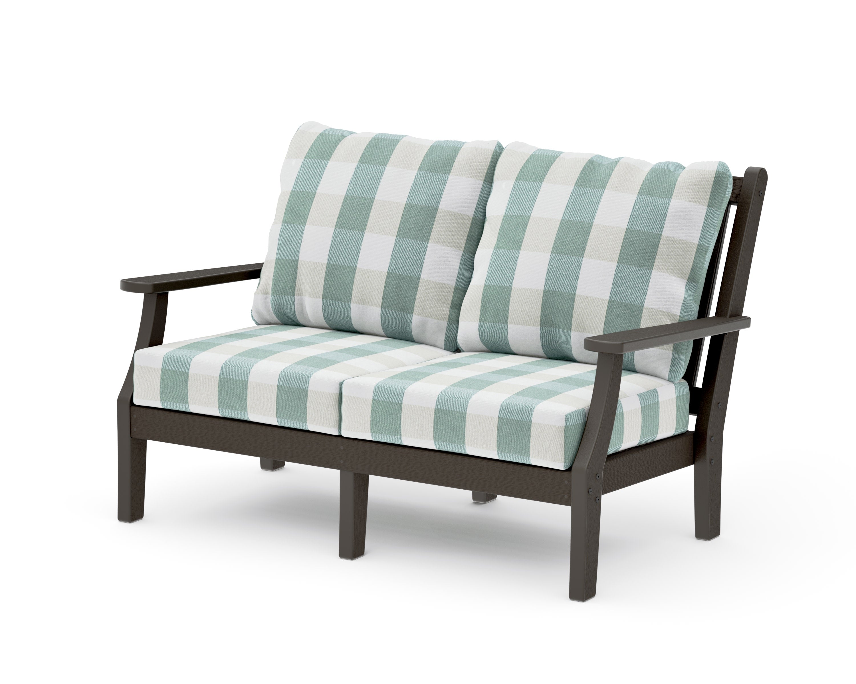 Wovendale Deep Seating Loveseat in Vintage Coffee / Buffalo Plaid Glacier Spa