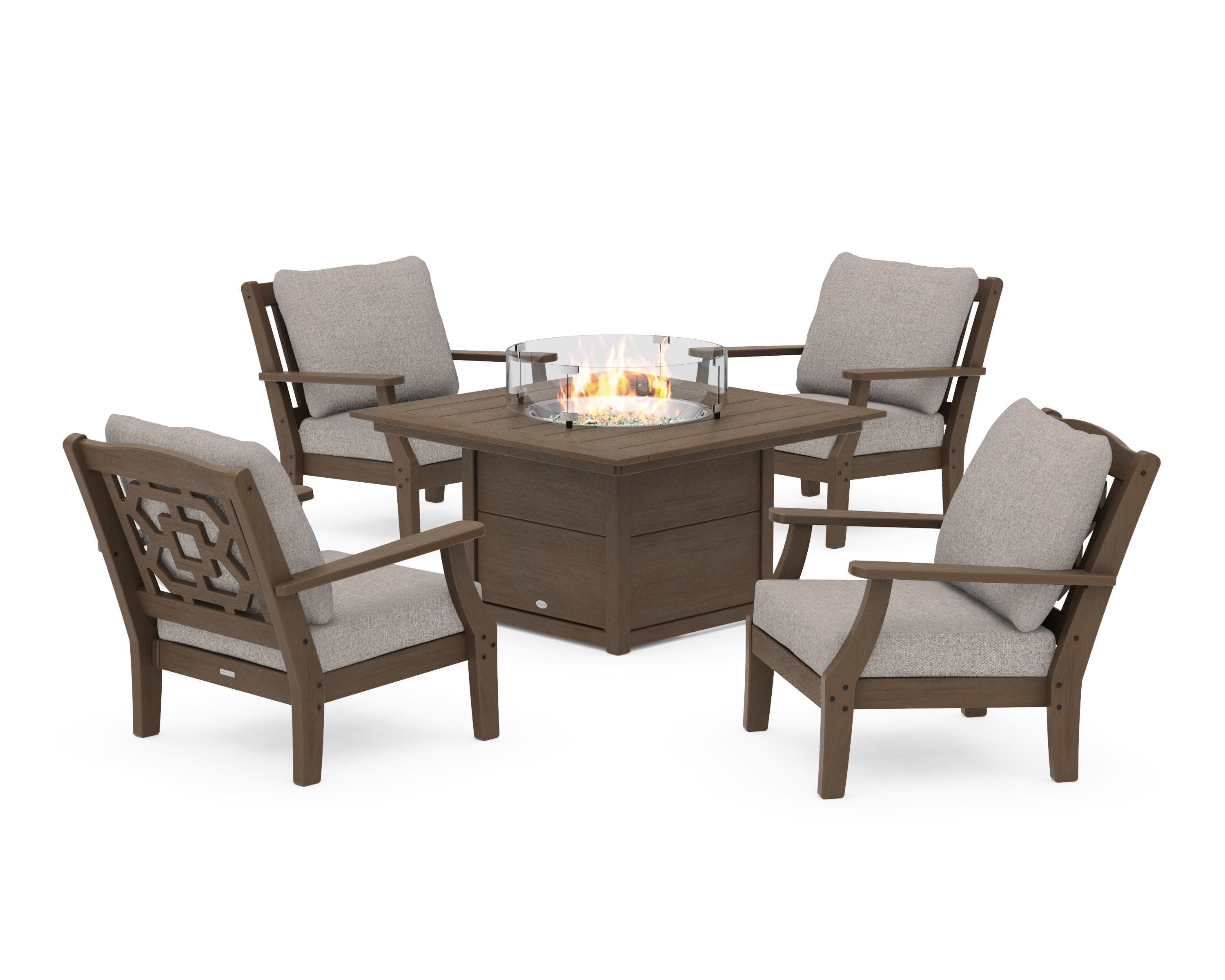 Chinoiserie 5-Piece Deep Seating Set with Fire Pit Table in Kona / Weathered Tweed