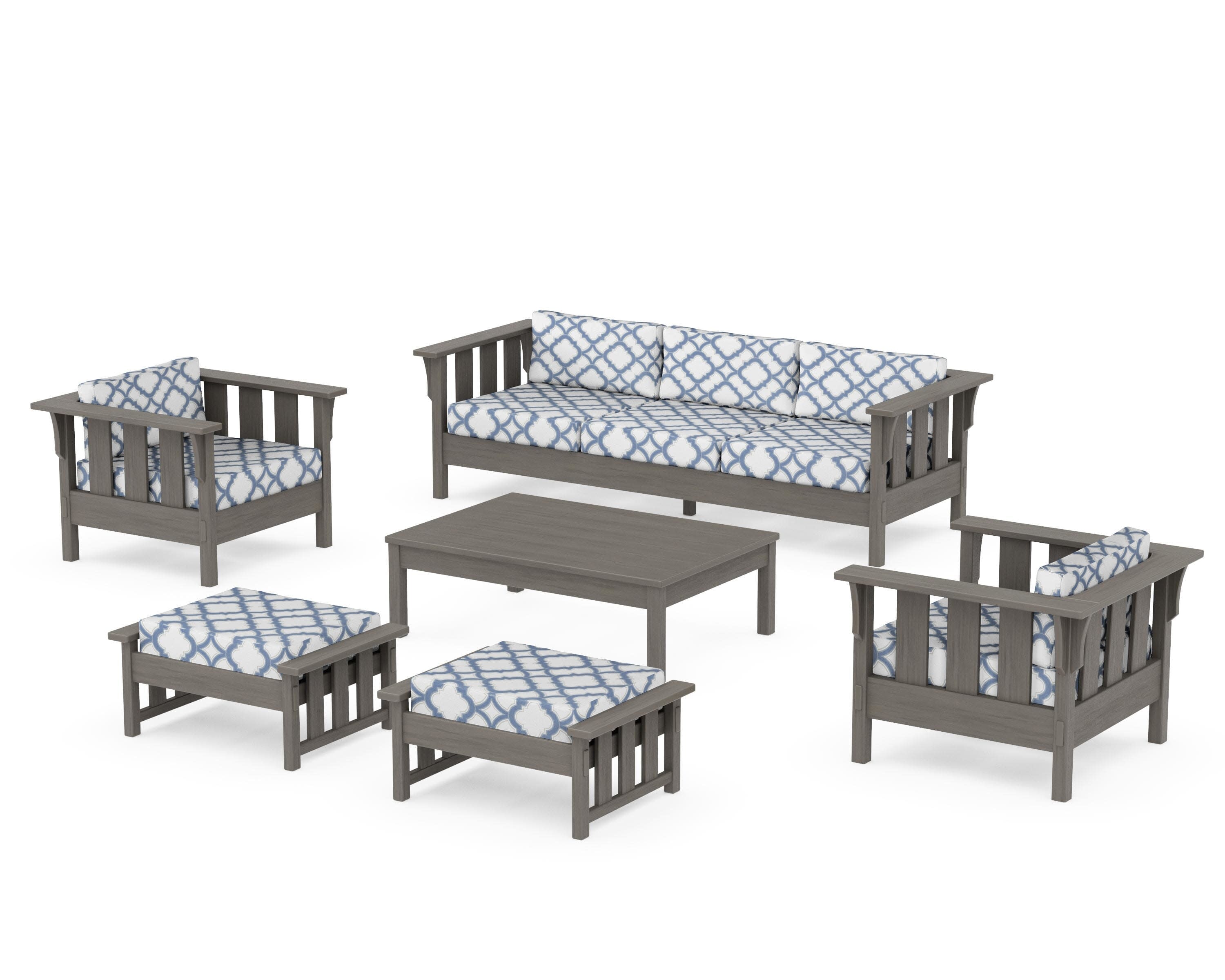 Acadia 6-Piece Lounge Sofa Set in Driftwood / Trellis Sky Blue