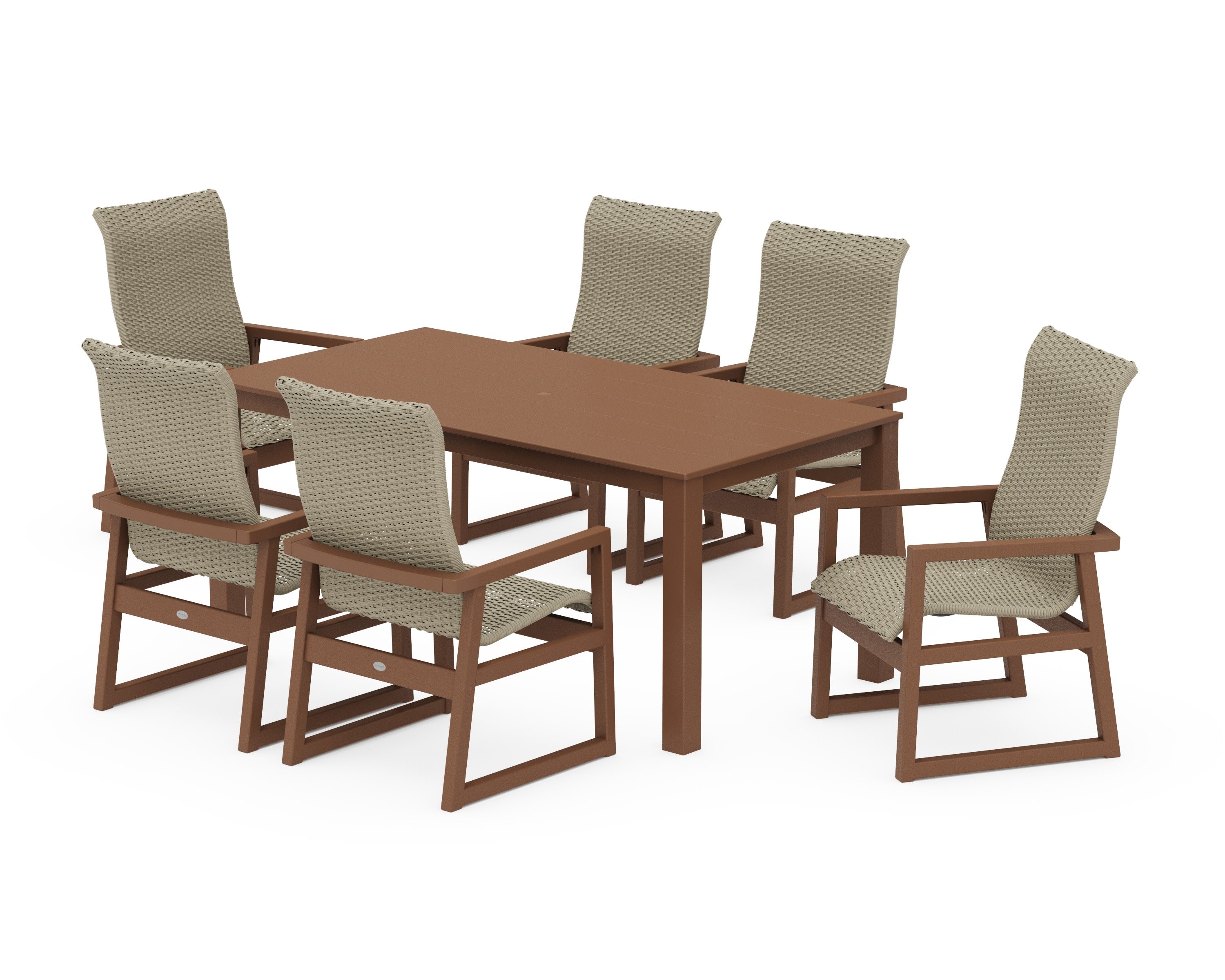 EDGE Woven Highback Arm Chair 7-Piece Parsons Dining Set in Teak / Dune Grass