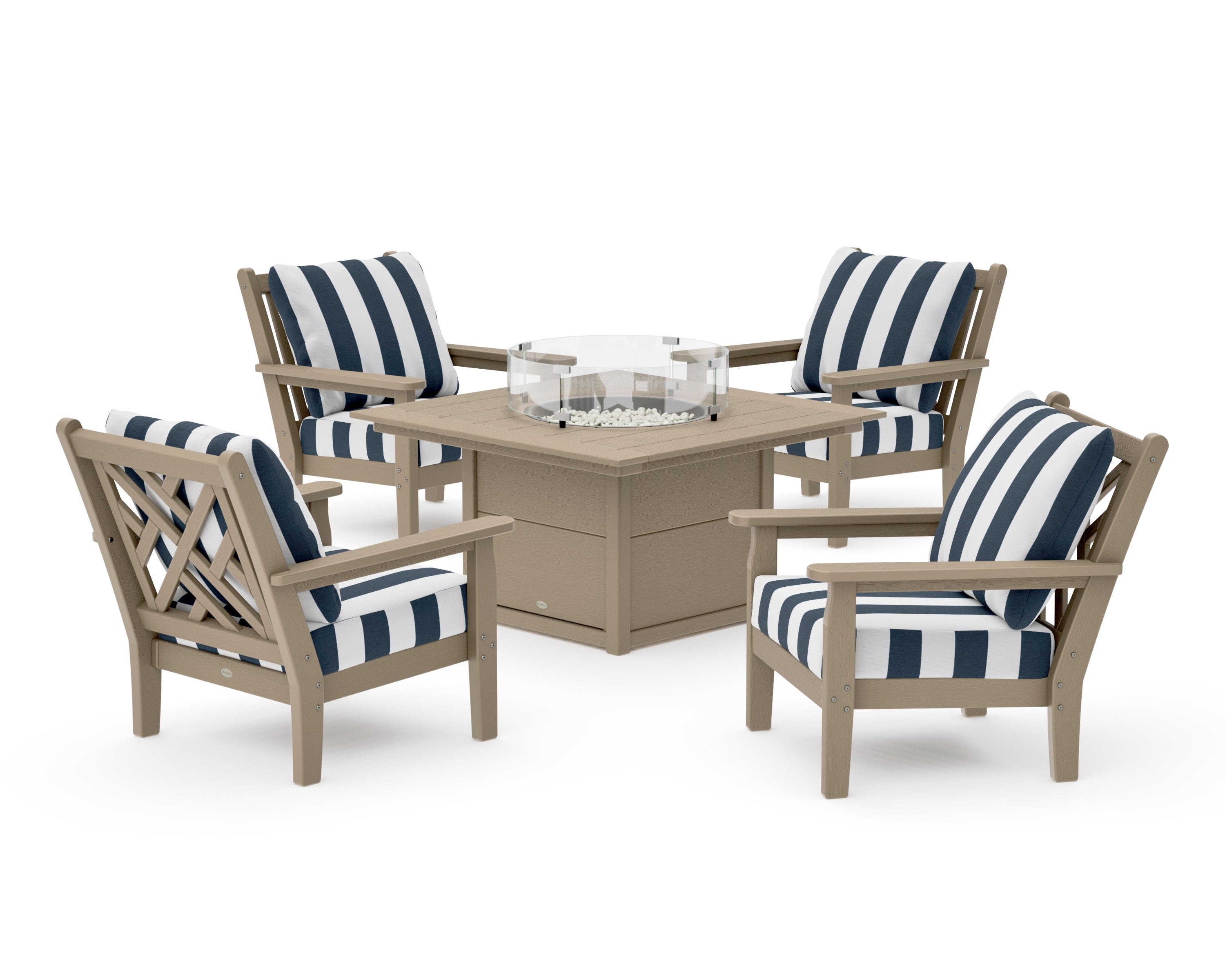 Chippendale 5-Piece Deep Seating Set with Fire Pit Table in Vintage Sahara / Cabana Stripe Marine Indigo