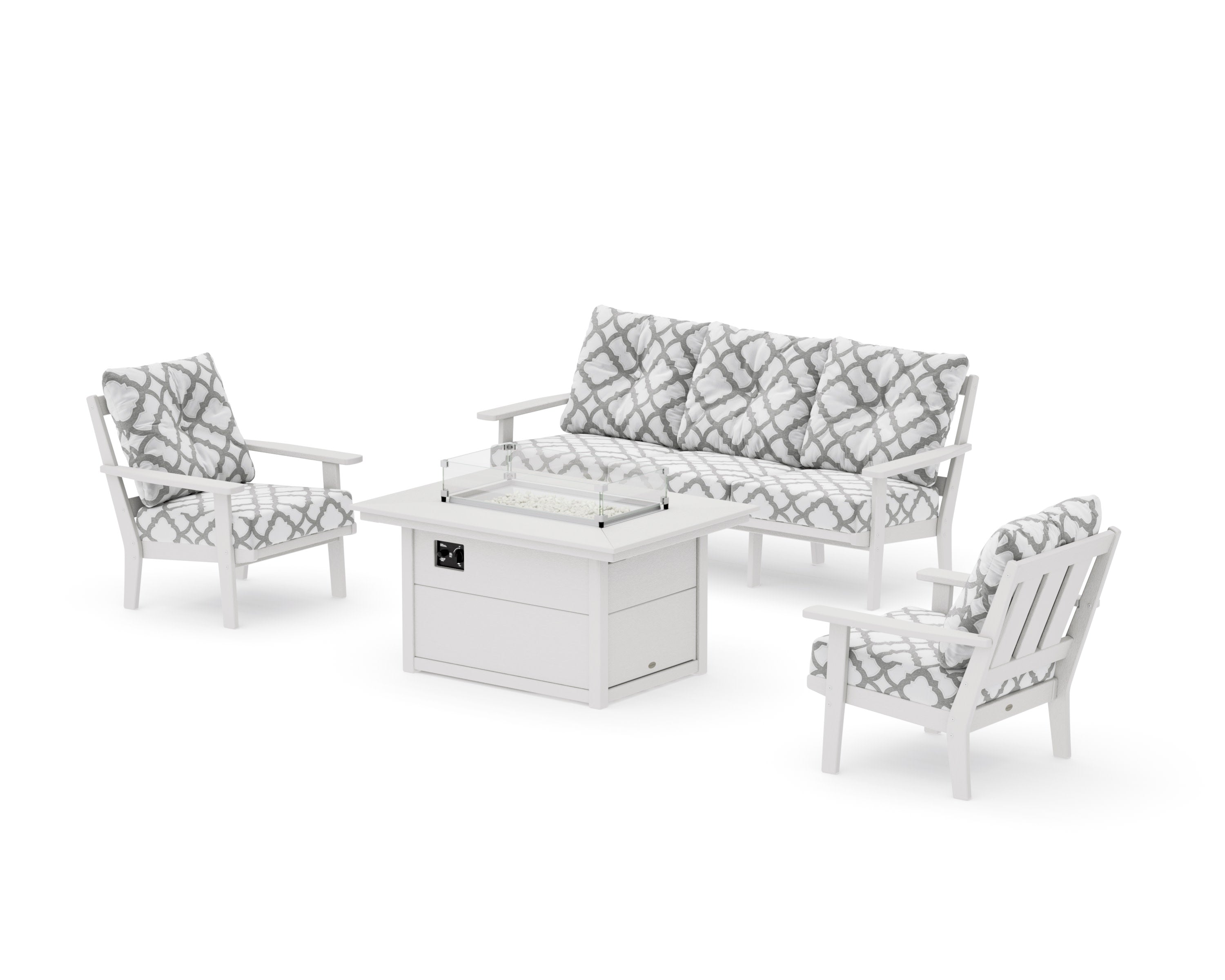 Oxford Deep Seating Fire Pit Table Set in Vintage White / Trellis Grey Mist