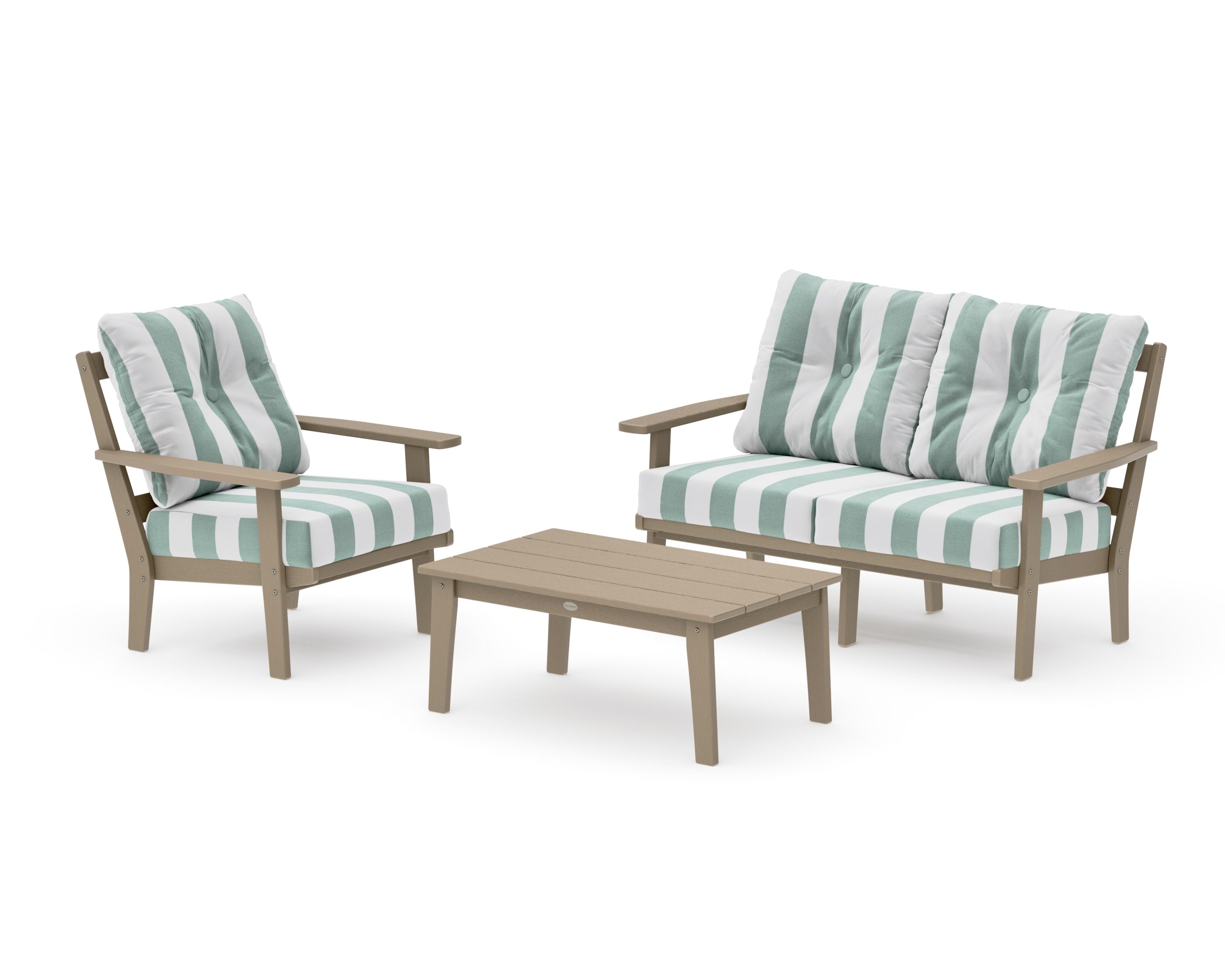 Oxford 3-Piece Deep Seating Set with Loveseat in Vintage Sahara / Cabana Stripe Glacier Spa
