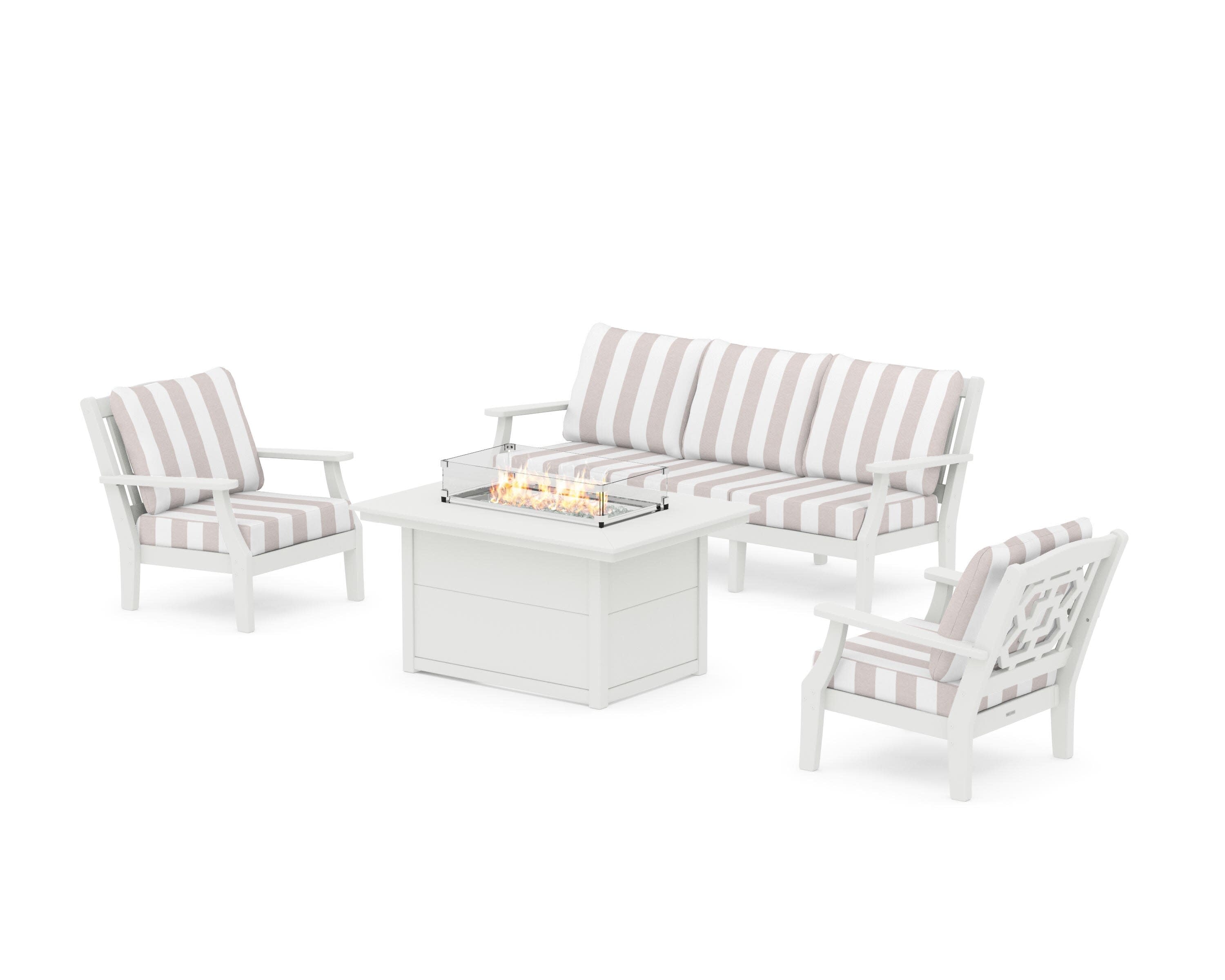 Chinoiserie Deep Seating Fire Pit Table Set in Vintage White / Cabana Stripe Dune Burlap