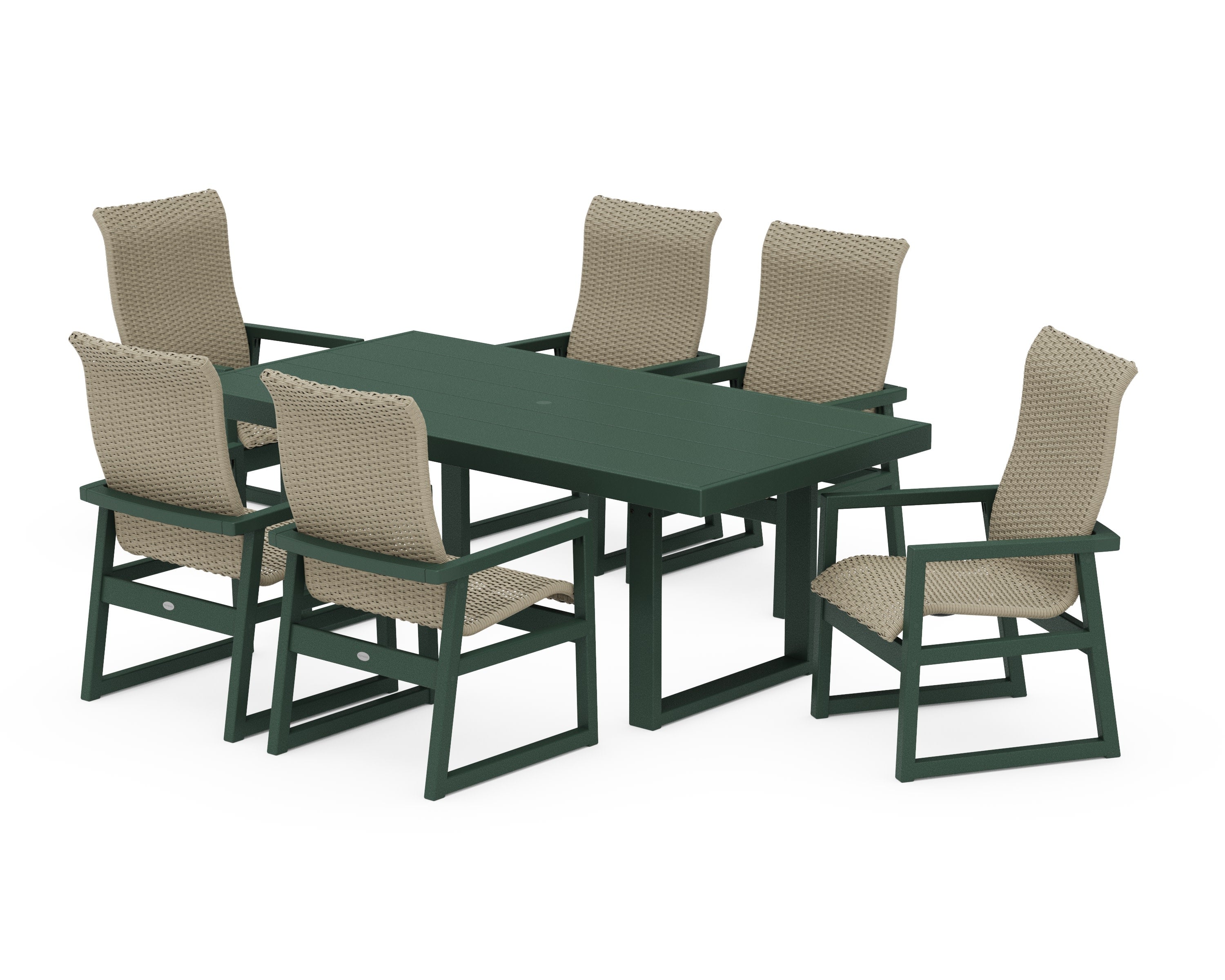 EDGE Woven Highback Arm Chair 7-Piece Dining Set in Green / Dune Grass