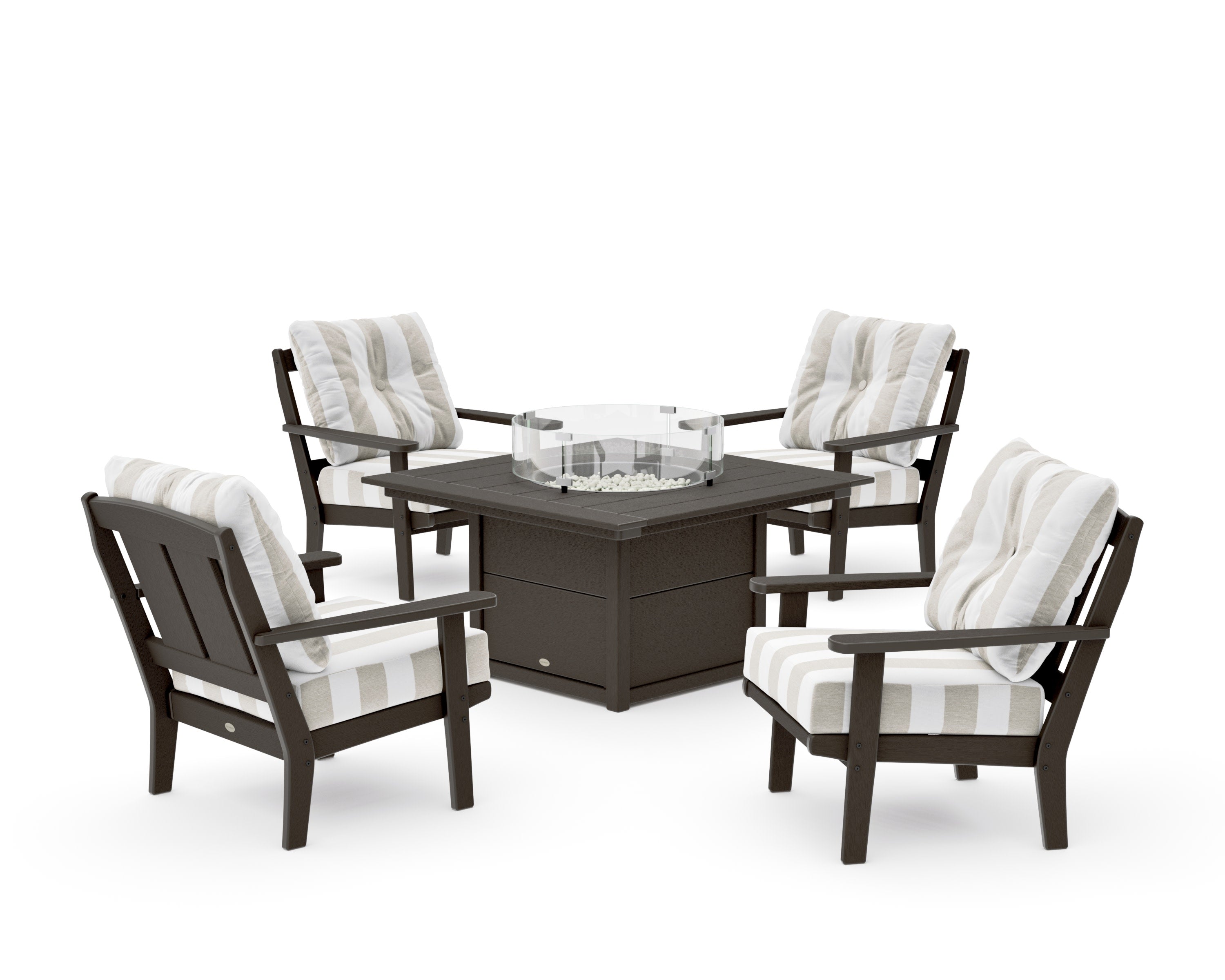 Mission 5-Piece Deep Seating Set with Fire Pit Table in Vintage Coffee / Cabana Stripe Dune Burlap