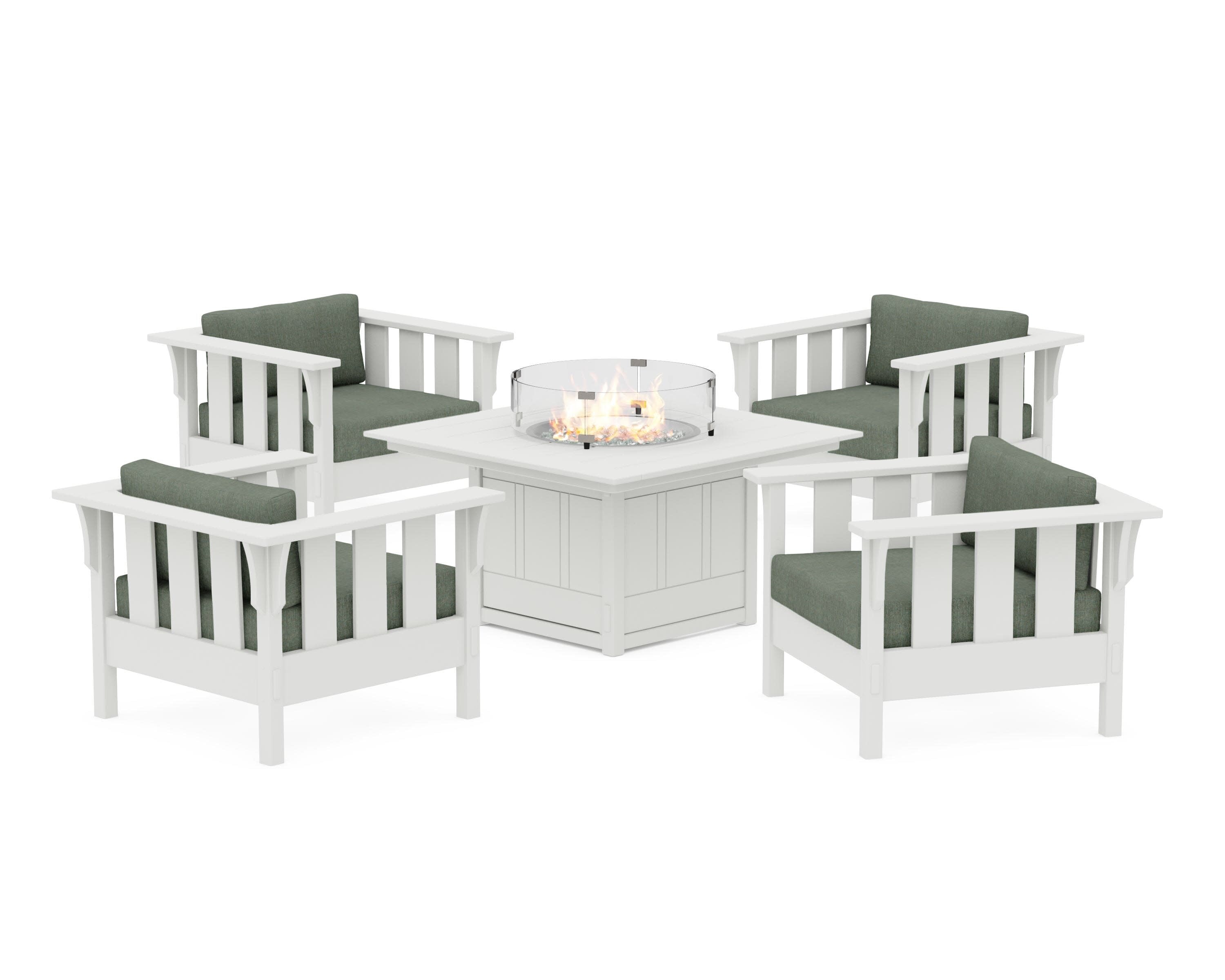 Acadia 5-Piece Deep Seating Set with Fire Pit Table in Vintage White / Cast Sage